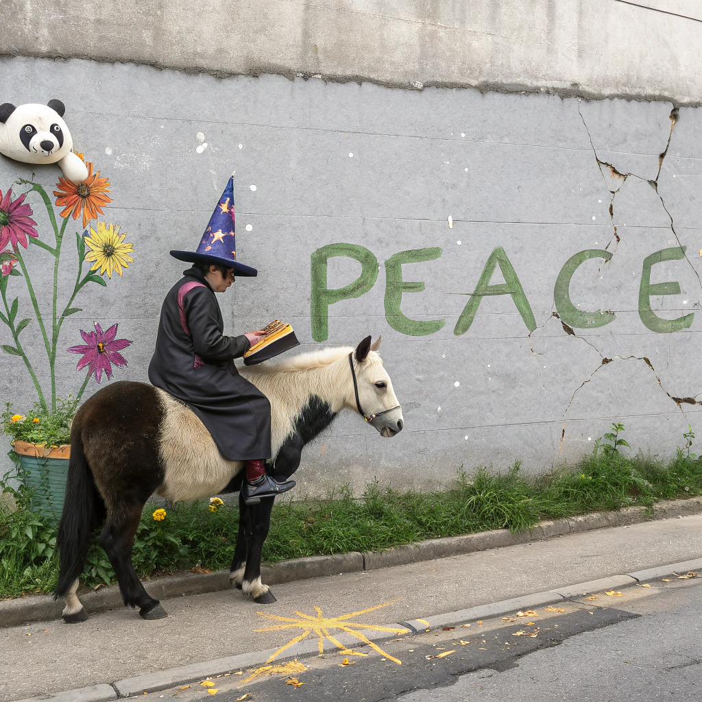 AI generated image by FLUX.1-schnell: A high-contrast photo of a panda riding a horse. The panda is wearing a wizard hat and is reading a book. The horse is standing on a street against a gray concrete wall. Colorful flowers and the word "PEACE" are painted on the wall. Green grass grows from cracks in the street.