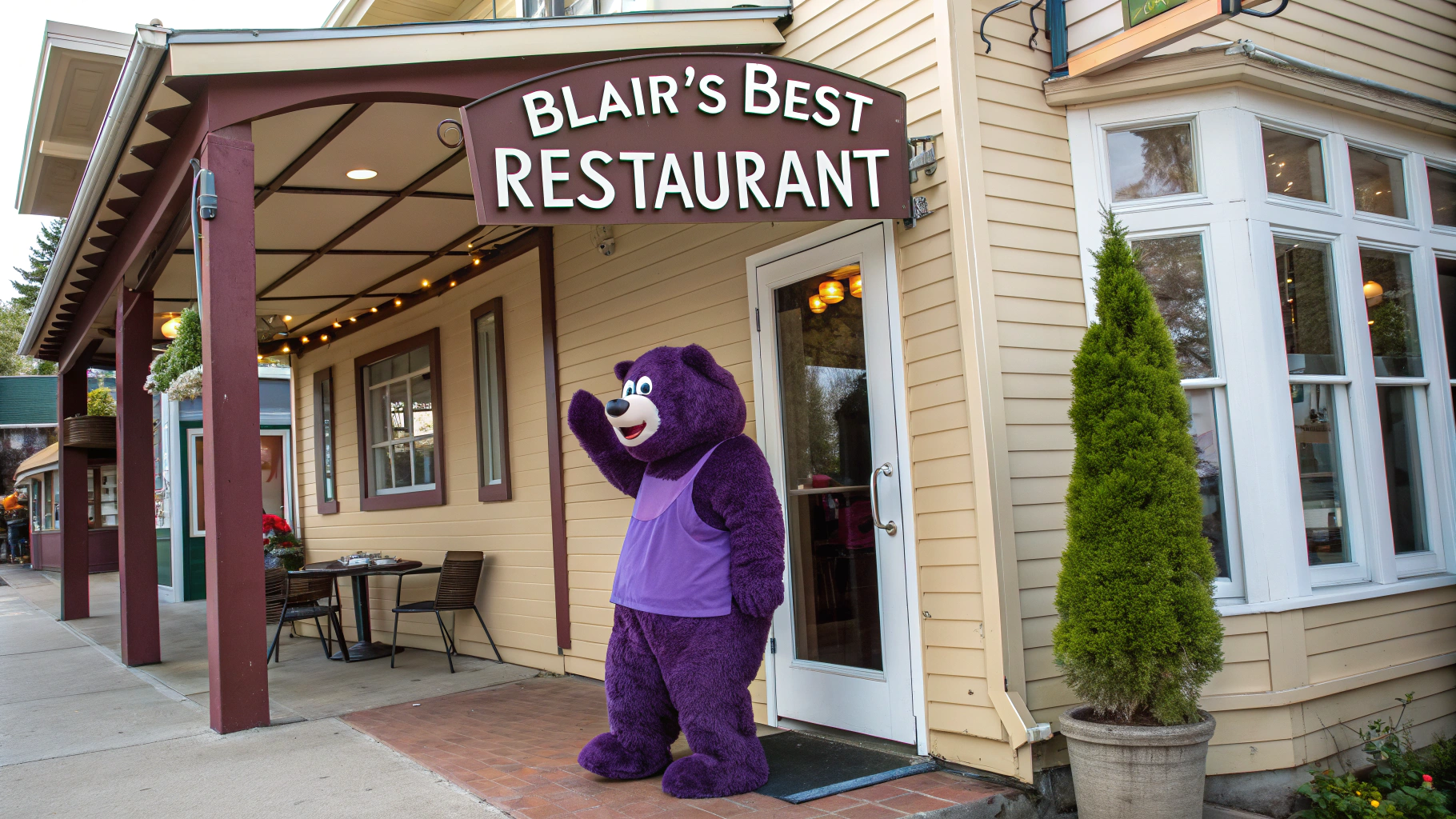 AI generated image by Red Panda AI: Purple bear owns local cafe type restaurant.  There is a sign that says, "Blair's Best Restaurant".  The purple bear is outside the restaurant under the restaurant sign.