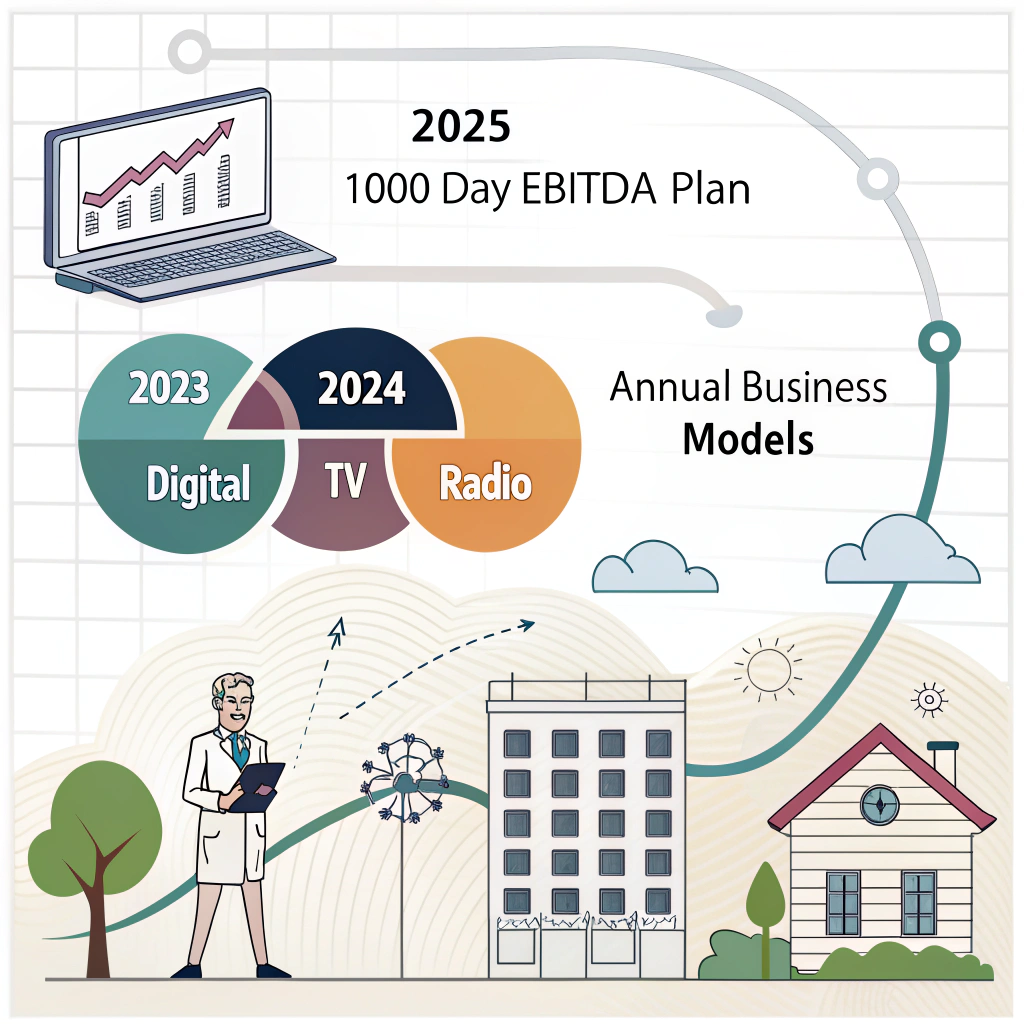 AI generated image by Red Panda AI: 22024 Performance Review & 2025 Outlook
Relationship Between Planning Models
mermaidCopygraph TD
    A[1000 Day EBITDA Plan<br>2023-2025] --> B[Annual Business Model<br>2023]
    A --> C[Annual Business Model<br>2024]
    A --> D[Annual Business Model<br>2025]
    B --> E[Monthly Contribution Models<br>Digital, TV, Radio]
    C --> E
    D --> E
2024 YTD Performance vs Plan (through Oct)
mermaidCopypie title 1000 Day EBITDA Plan
    "Actual (65%)" : 65
    "Gap (35%)" : 35
mermaidCopypie title Annual Business Model
    "Actual (58%)" : 58
    "Gap (42%)" : 42
mermaidCopygraph LR
    A[Digital] -- Below Spend<br>Modest Contribution --> D((Contribution Model<br>Performance))
    B[TV] -- Over Spend<br>Negative Contribution --> D
    C[Radio] -- Acceptable Spend<br>Modest Contribution --> D
Emerging Learnings on Performance vs Plan
> D
