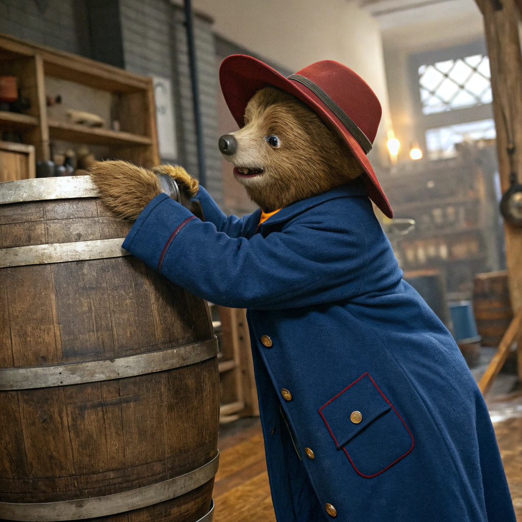 AI generated image by Red Panda AI: Paddington prend les bras d une outre