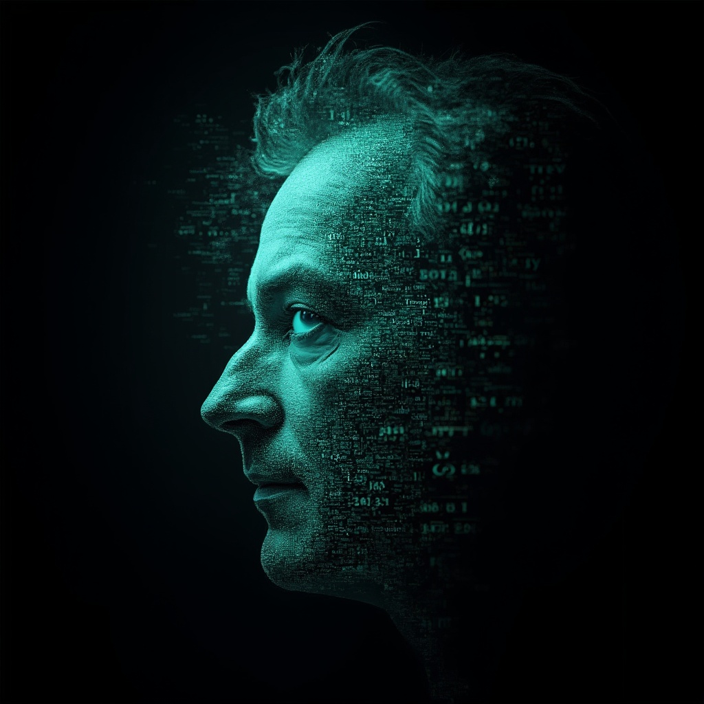AI generated image by FLUX-Realism-Lora: Richard Feynman's face as a digital mask made from thousands of bright turquoise numbers and formulas forming his face. He has a clean haircut with side parting a big forehead and a slight smirk on his face. he is 40 years old. The formulas and numbers fly behind the mask leaving a trail of complexity. The mask is floating dynamically in mid air. His head is turned to the right but his eyes are looking directly into the camera. The mask is on a black background. Like a png with black only background. Photo realistic, sci-fy