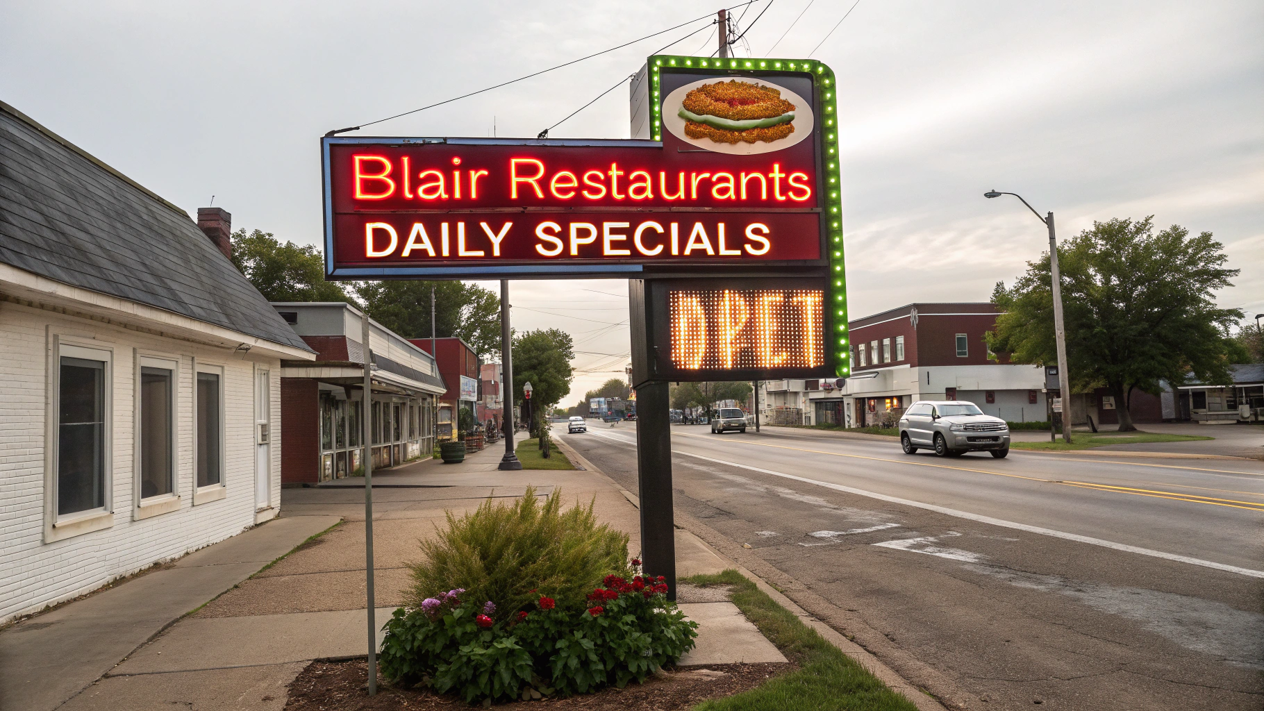 AI generated image by Red Panda AI: menu-inspired neon sign reads "Blair Restaurants Daily Specials", burger and fries.  Soda and salad.  Small town blair, nebraska 
