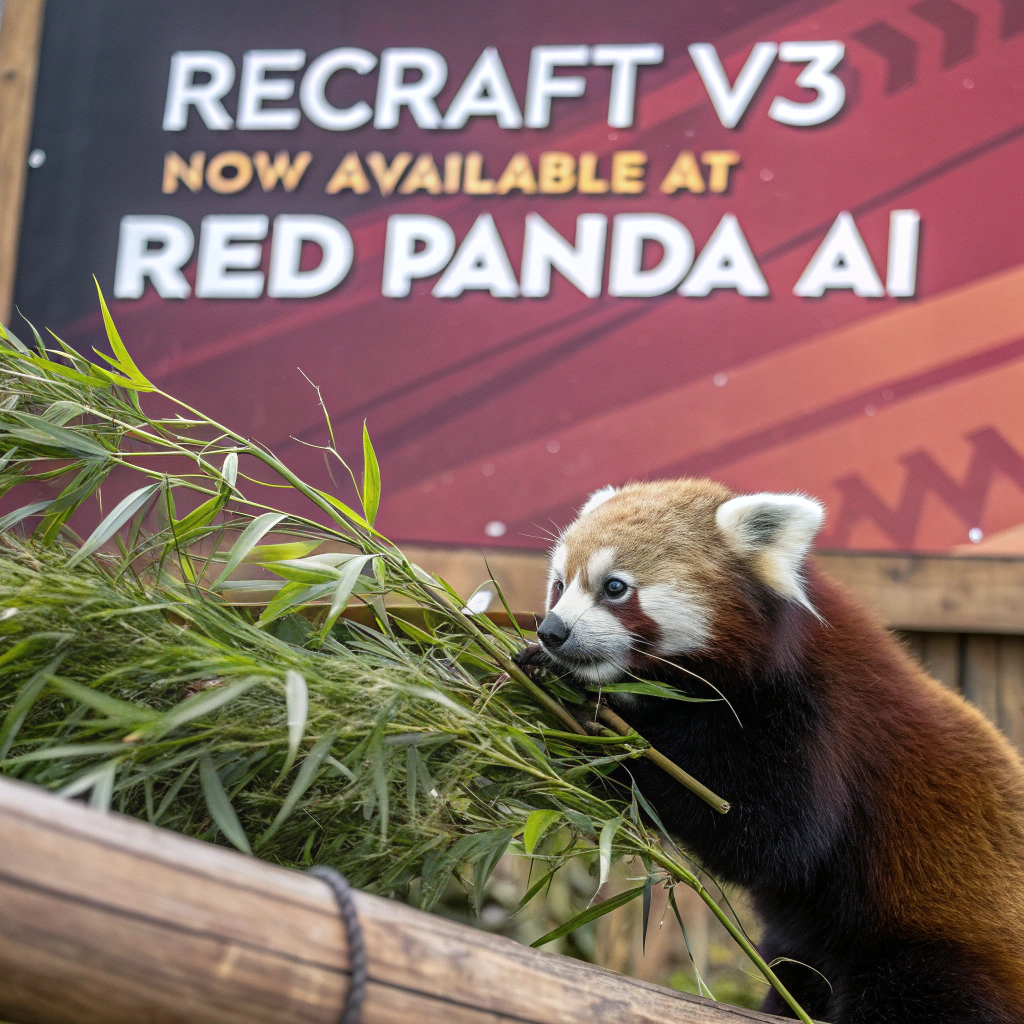 AI generated image by Red Panda AI: a red panda eating a bamboo in front of a poster that says "recraft V3 now available at red panda ai