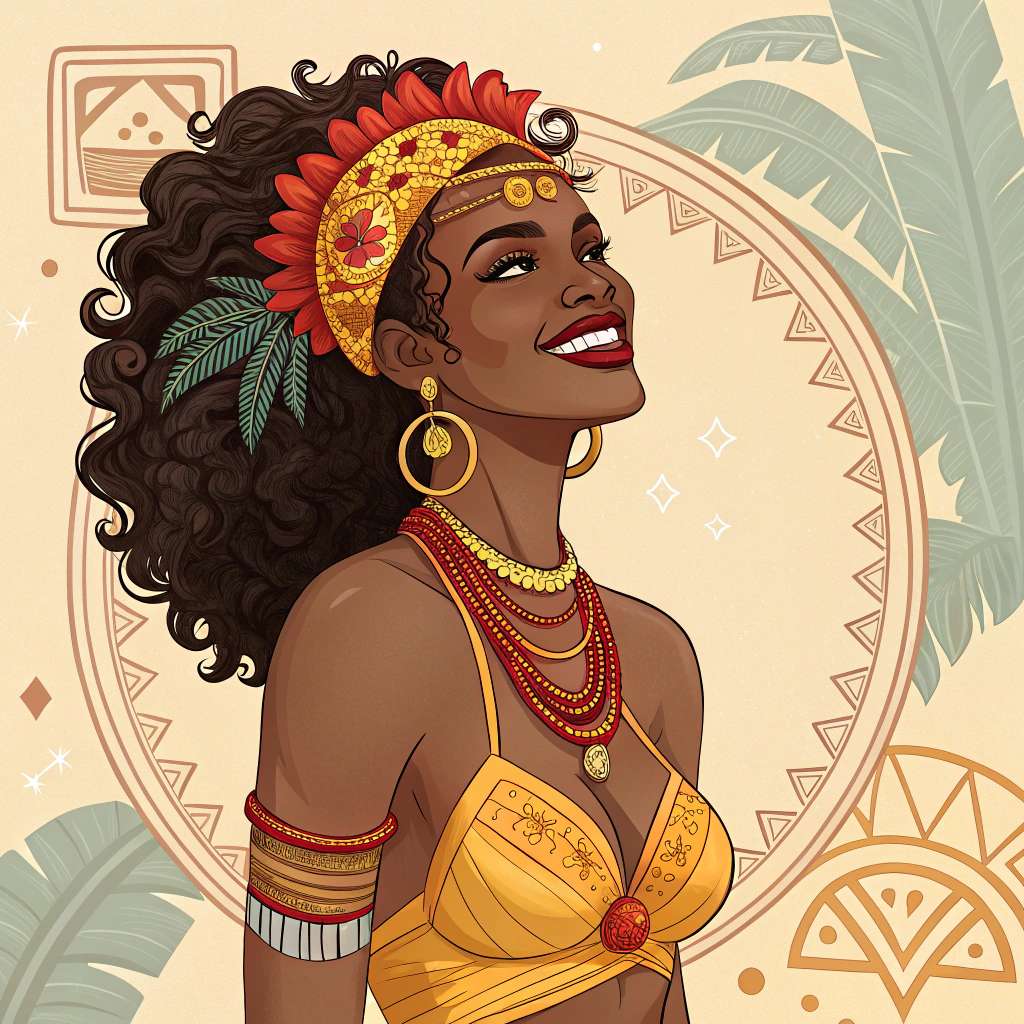 AI generated image by Red Panda AI: Oshun diosa del amor en la religión Yoruba con sonrisa embriagadora y vestimenta sensual y provocativa