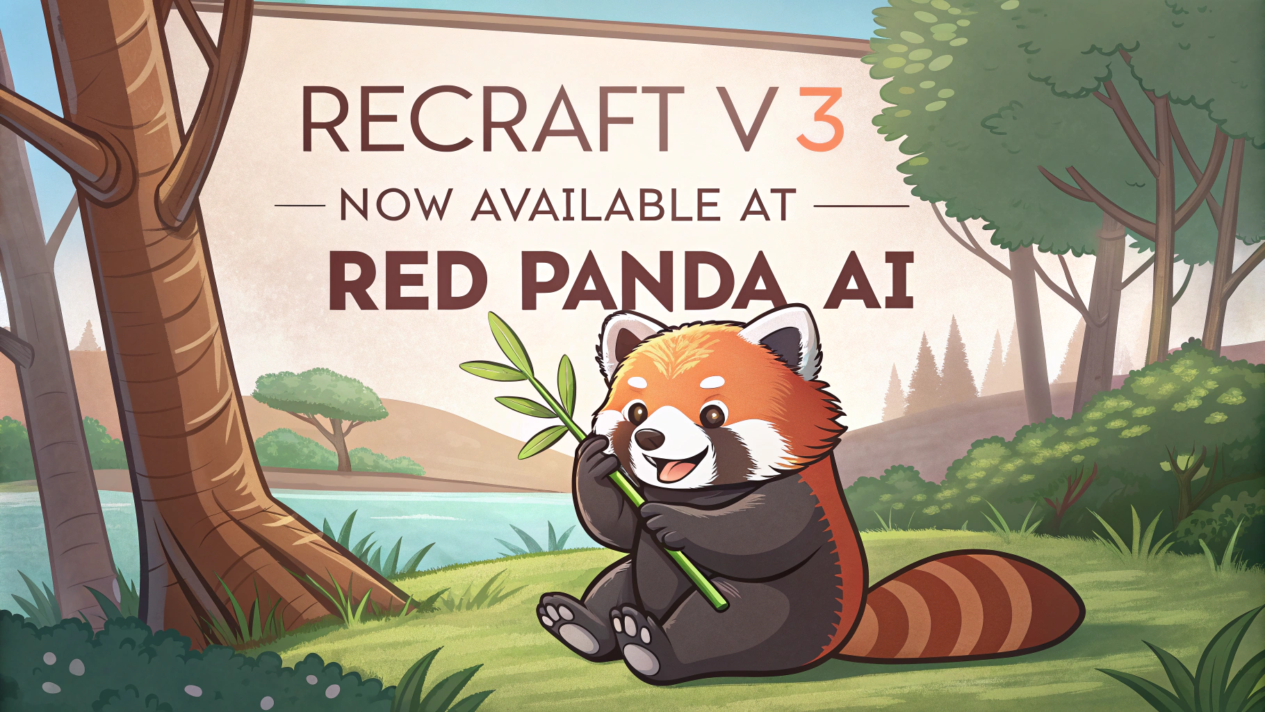 AI generated image by Red Panda AI: a red panda eating a bamboo in front of a poster that says "recraft V3 now available at red panda ai