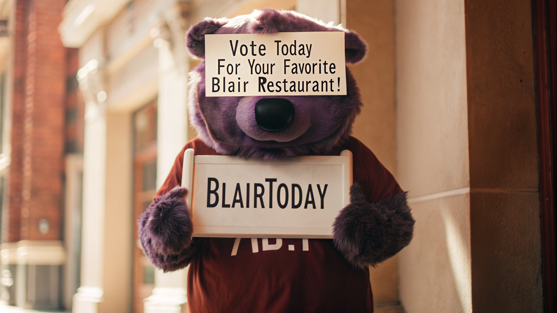AI generated image by Red Panda AI: Realistic Purple bear wears a shirt that says "BlairToday".  The realistic purple bear holds a sign that says, "Vote Today for Your Favorite Blair Restaurant!"