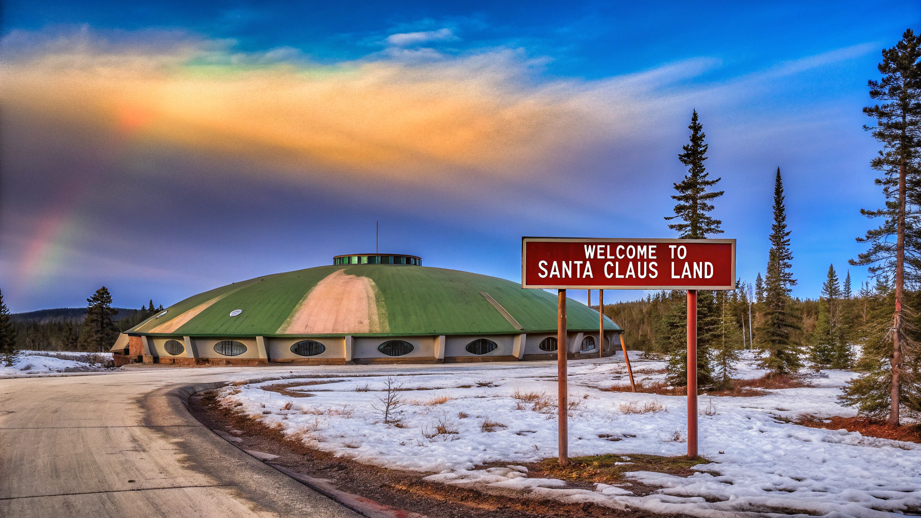 AI generated image by Red Panda AI: A morning sunrise landscape in Finnish Lapland in winter, with a weird alien architecture building in the front and ruins of old spaceships scattered around the hills. A broken sign says welcome to Santa Claus Land