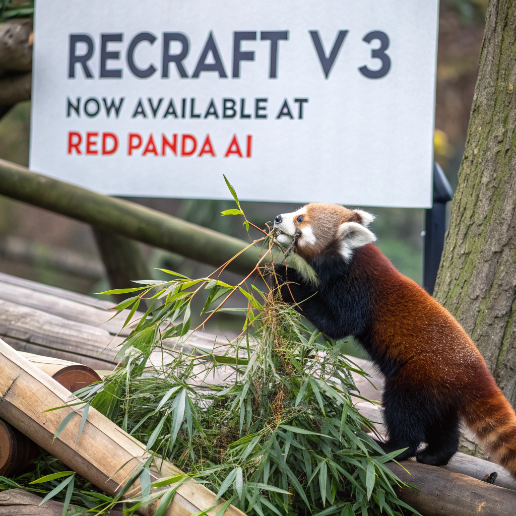AI generated image by Red Panda AI: a red panda eating a bamboo in front of a poster that says "recraft V3 now available at red panda ai