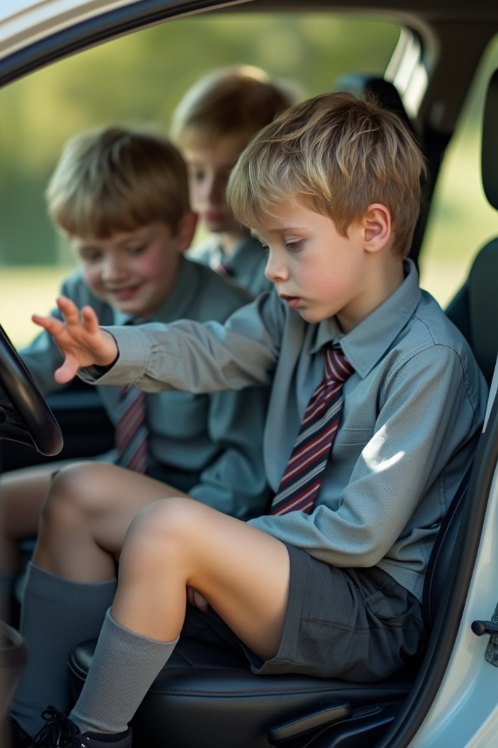 AI generated image by FLUX.1-pro: completely acutely ultra real 10 years old, very cute endearing extremely attractive 10 year old, european caucasian age ten, schoolboys aged ten, fighting each other riding in a car in a dynamic action pose in a school uniform of short hair, long sleeved grey shirt, closed mouths, striped tie, one inch length thigh down to upper thigh terylene very dark grey ultra short polyester fabric incredibly brief length shortenedsmart micro tiny smart school shorts, bare legs up to very high upper thigh, long grey socks, black shoes, intensely incredibly realistic, extremely detailed, 8K, highest definition, ultra HD, natural realism