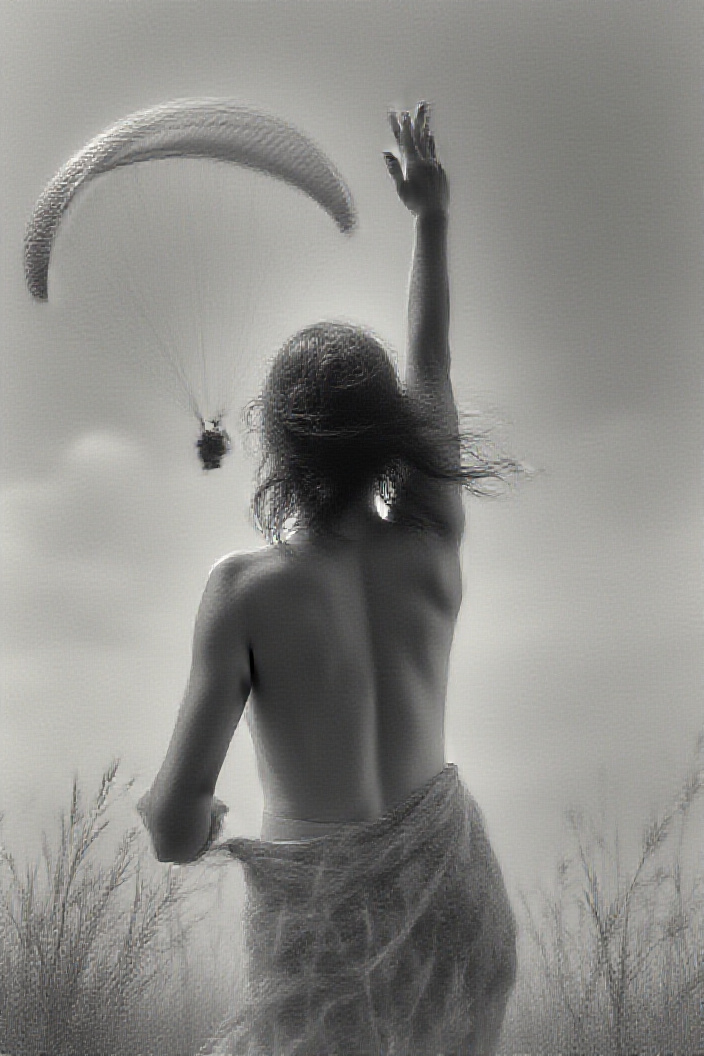 AI generated image by FLUX.1-pro: Black and white photo of young topless bare back woman in short skirt from behind swinging her bra in her Stretched up hand above. a paraglider flying above her. Sky background. Backlight