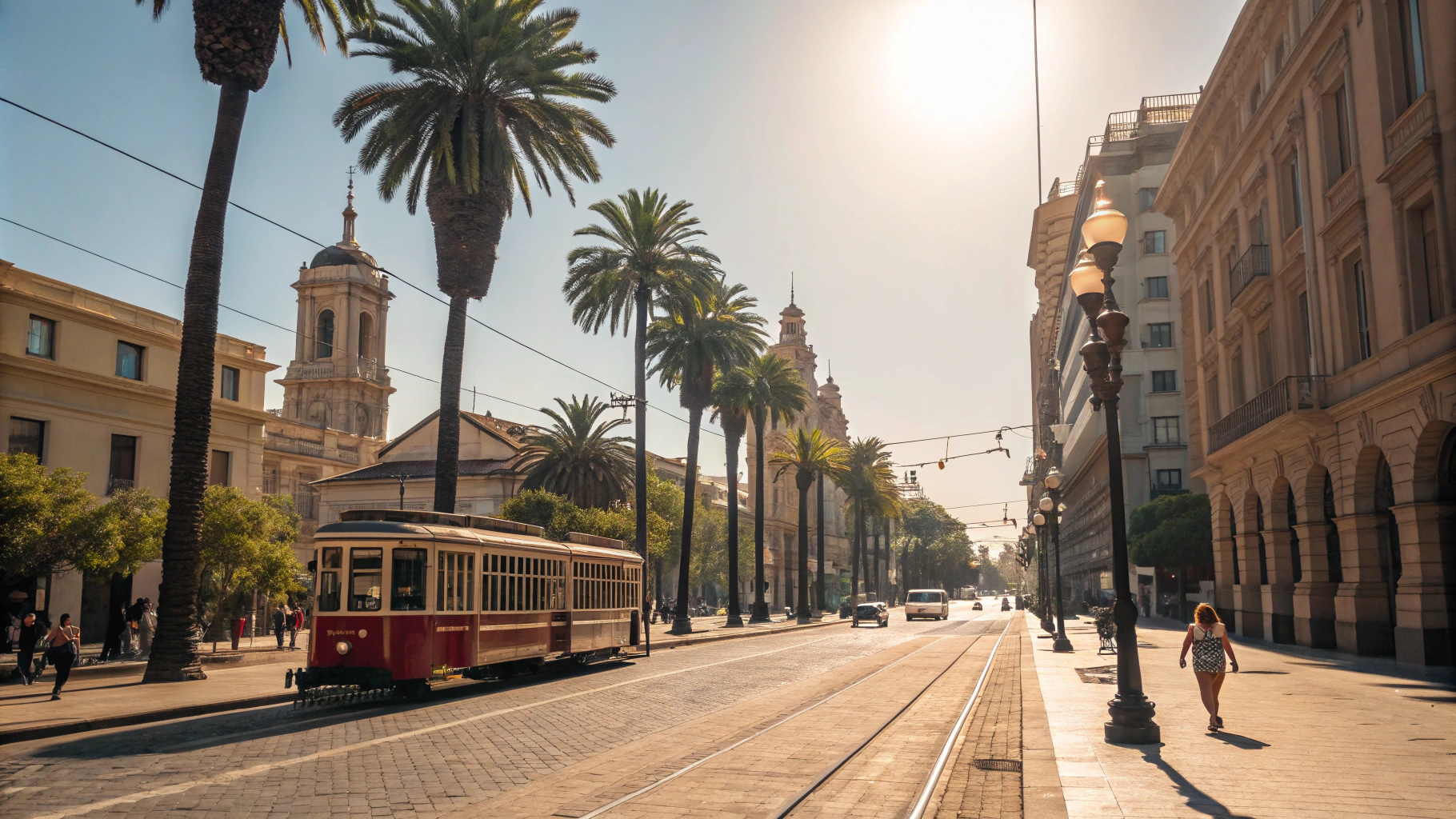AI generated image by Red Panda AI: A photorealistic, wide shot of a busy street in Santiago, Chile during a heatwave. The street is lined with palm trees and colonial buildings. A vintage streetcar passes by, and people can be seen fanning themselves and drinking water. The sky is a clear blue, and the sun is shining brightly