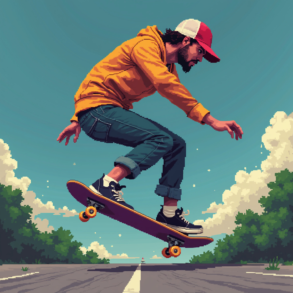 AI generated image by FLUX.1-pro: 8 bit pixel style skateboarder 