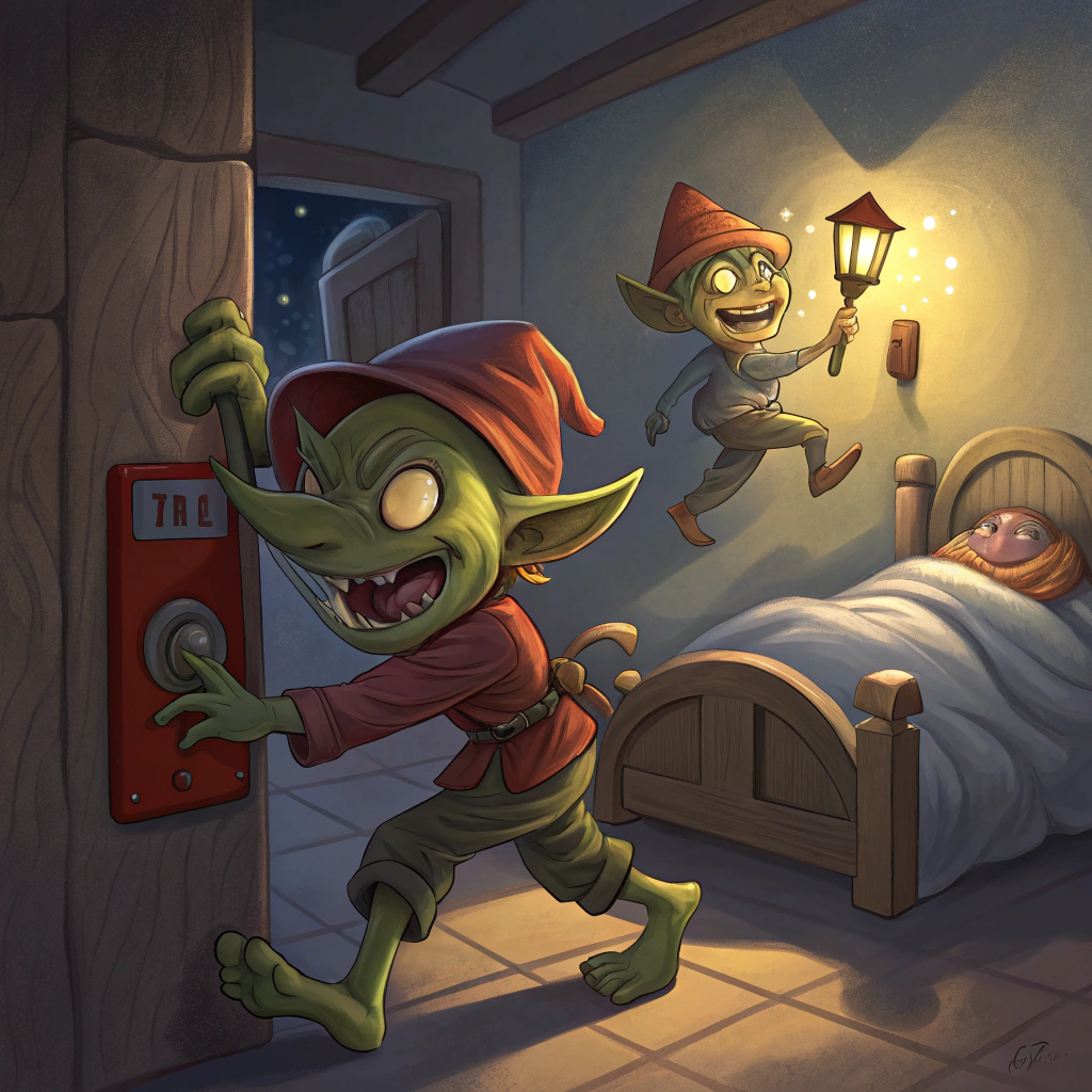 AI generated image by Red Panda AI: digital art painting of a sneaky goblin pulling a fire alarm.  in the background there is a goblin pretending to sleep in a bed.