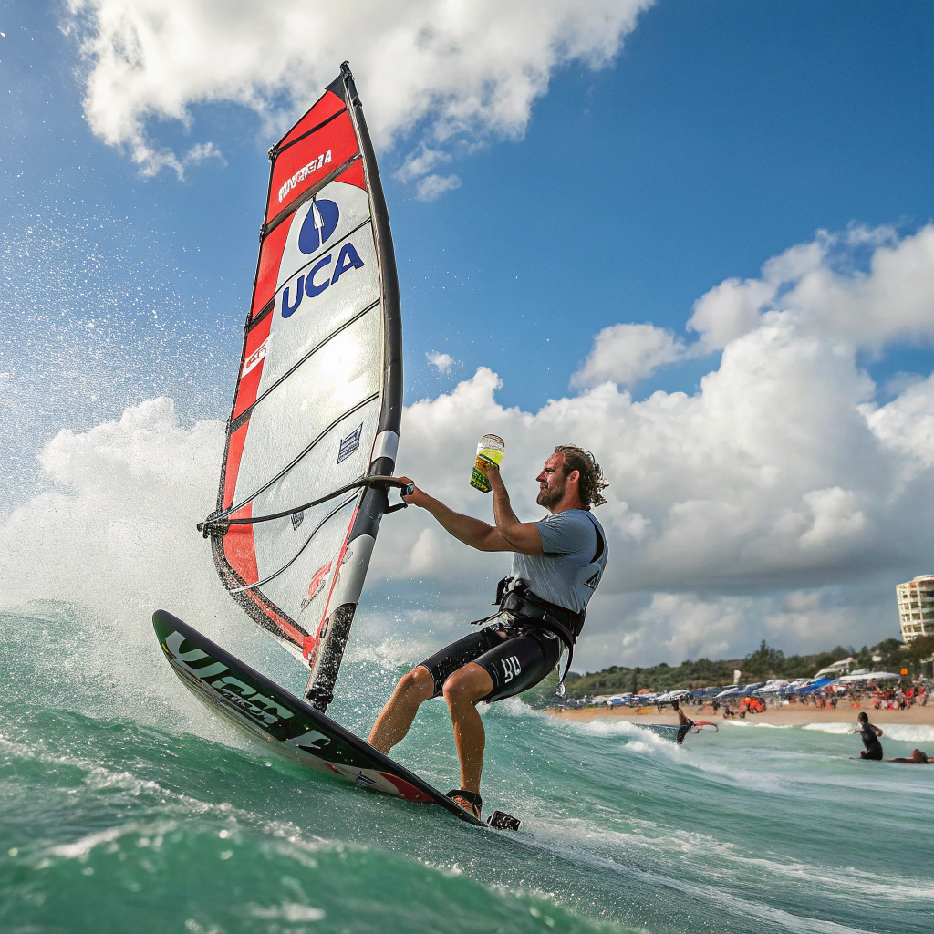 AI generated image by Red Panda AI: Antoine albeau windsurfing while holding his beer, the sail has the UCPA logo on it 