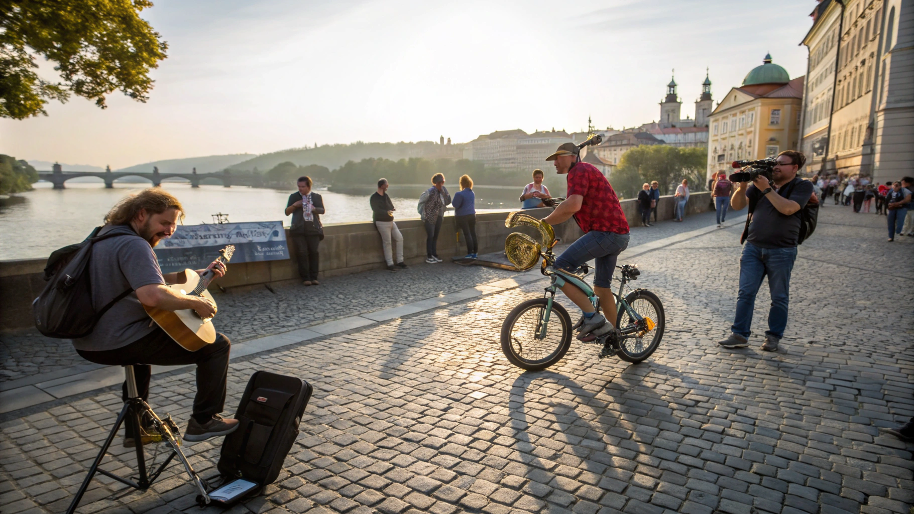 AI generated image by FLUX.1-schnell: A close-up photograph of a python pedaling energetically on a bicycle, old town Square in Prague. Tourists surrounding, some taking photos, others walking. Musicians playing on the side, a painter capturing the scene on a canvas. Morning light, soft shadows, rich textures of the cobblestones, Vltava river visible in the background, subtle lens flare. Photorealistic, Canon EOS R5, 85mm lens, f/1.4, vibrant colors, natural focus, cinematic atmosphere