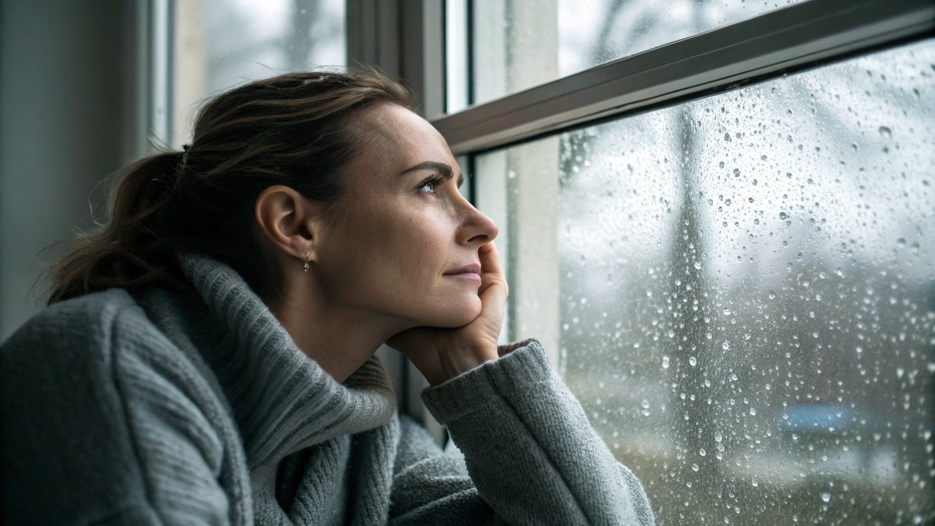 AI generated image by Red Panda AI: Show a woman indoors, looking out a window streaked with raindrops. Soft light falls on her face, revealing a pensive expression. She wears a cozy sweater, her hand resting gently on the windowpane. The muted, rainy atmosphere creates a feeling of calm and introspection.