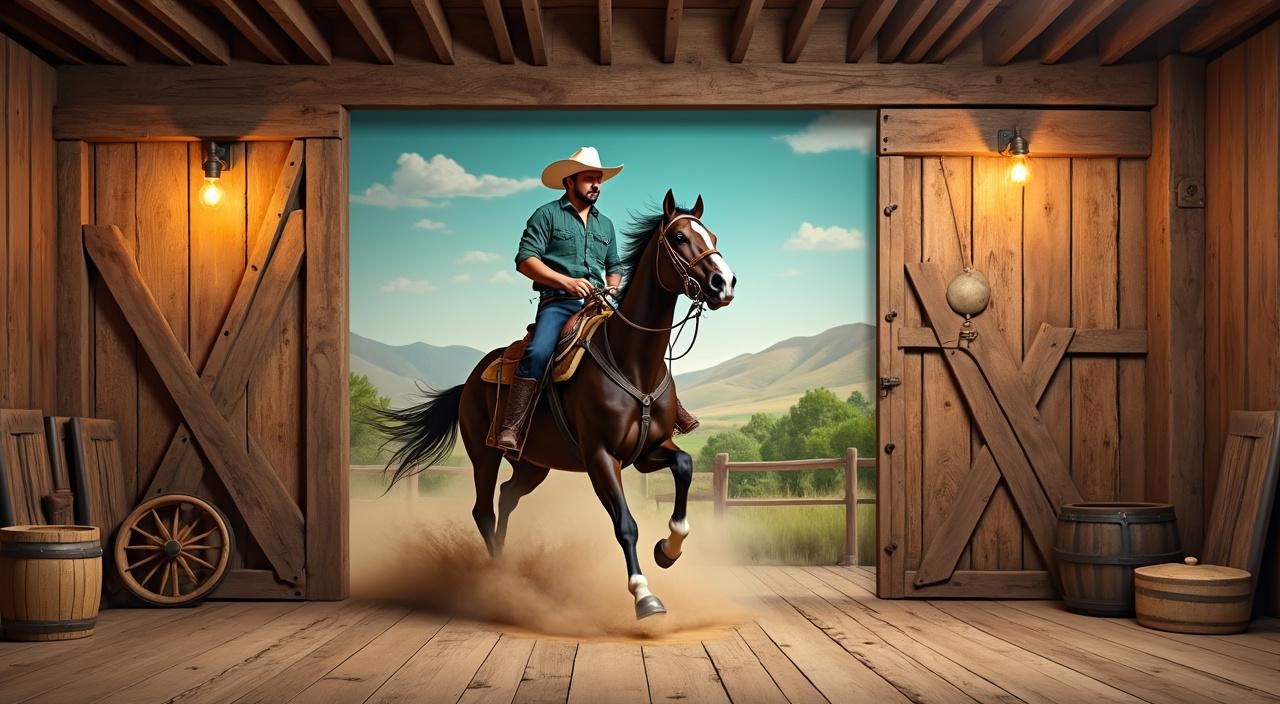 AI generated image by FLUX.1-pro: Aquí tienes un prompt detallado para recrear fielmente la imagen actual:

**Prompt detallado:**

> Un mural hiperrealista enmarcado por la estructura rústica de un granero de madera envejecida con luces colgantes cálidas tipo Edison. En el centro de la escena, visible a través de una gran abertura rectangular tipo ventana de granero, un vaquero mexicano monta con firmeza un caballo pinto bayo oscuro en plena acción, generando una nube de polvo bajo sus patas. El jinete lleva un sombrero blanco de ala ancha, camisa de cuadros verde con azul, jeans ajustados y botas vaqueras negras. El caballo, musculoso y enérgico, presenta una mancha blanca en el pecho y corre hacia adelante con expresión intensa y patas delanteras levantadas. Dentro del marco del granero, se encuentran elementos decorativos del estilo western: una rueda de carreta de madera inclinada, botas vaqueras gastadas en el suelo, pacas de heno, cajas de madera apiladas, sombreros de vaquero colgados y cuerdas rústicas enrolladas. Al fondo, visible a través de la apertura, se aprecia un paisaje natural con árboles verdes y colinas suaves bajo un cielo claro. Toda la escena debe ser realista, con textura visible en la madera, el polvo, el pelaje del caballo y la ropa del jinete. La iluminación debe ser cálida y natural, con una atmósfera acogedora de granero al atardecer. Composición centrada, resolución a 300 dpi, calidad máxima para impresión.
