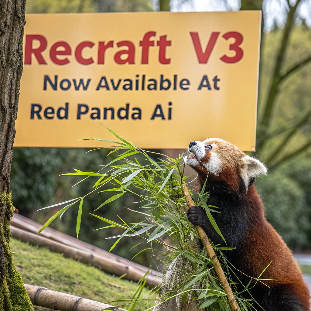 AI generated image by Red Panda AI: a red panda eating a bamboo in front of a poster that says "recraft V3 now available at red panda ai