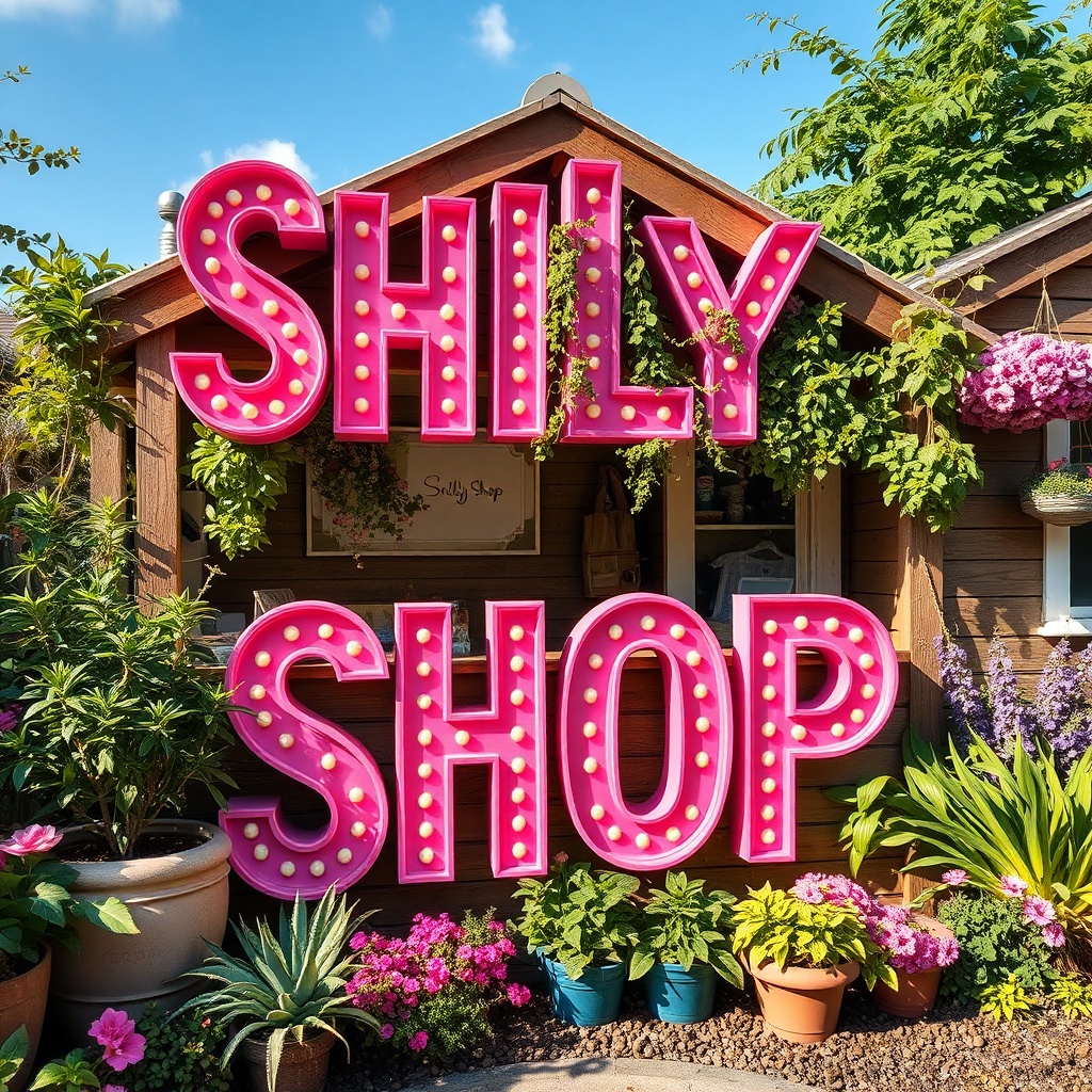 AI generated image by FLUX.1-schnell: extrud text color pink in bilboard in garden : shily shop