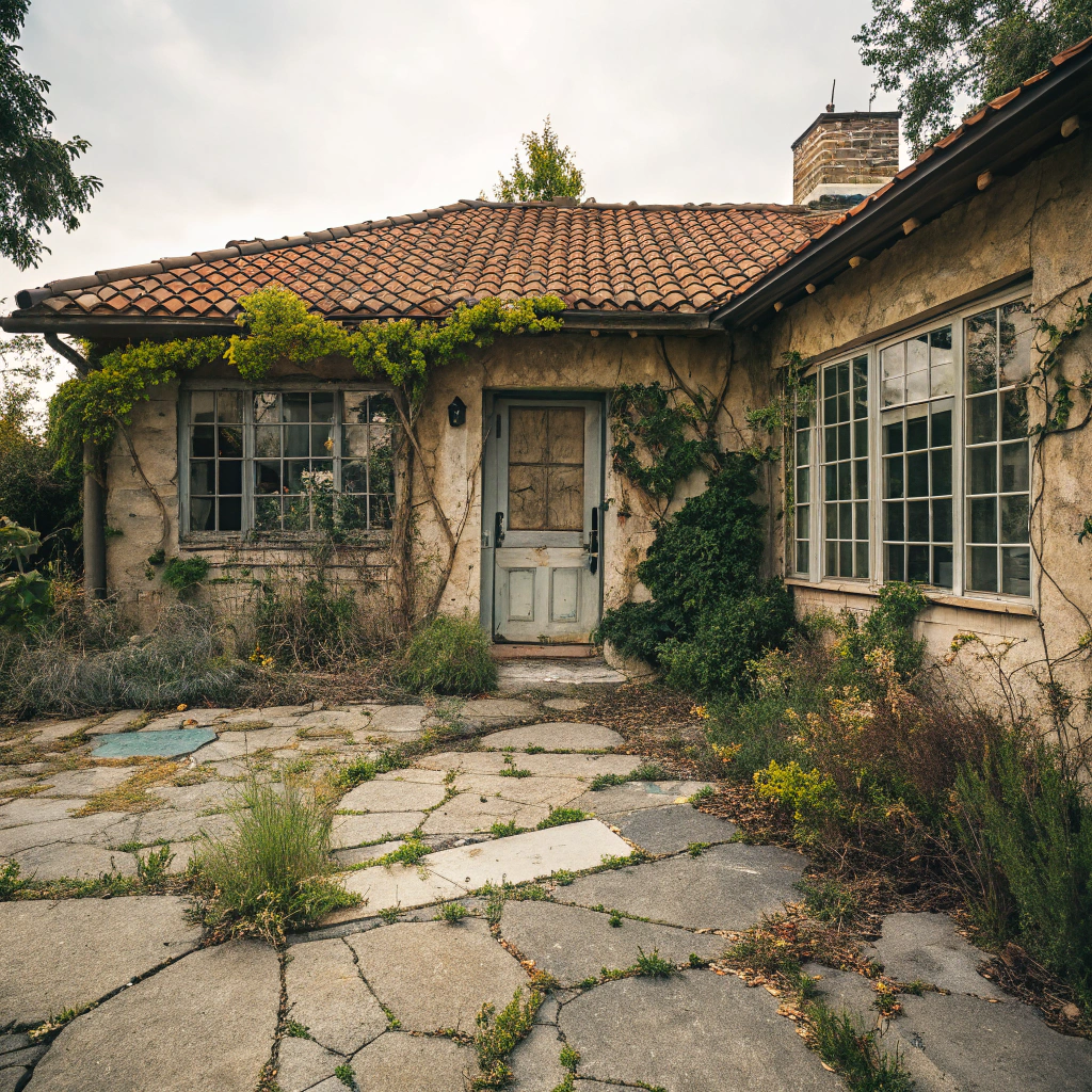 AI generated image by Red Panda AI: quiero una casa con techo de tejas ventanas con vidrio repartido jardin al frente con piso de cemento agrietado con plantas   paredes con enredaderas y pared de piedra puerta con llamador con aspecto abandonado
