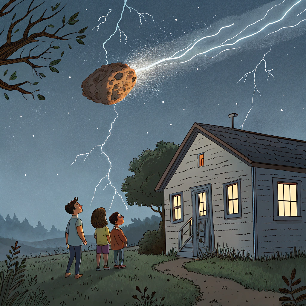 AI generated image by Red Panda AI: haz un meteorito de castañas segovianas cayendo a una casa abandonada con un pararayos encima de la casa y cuatro niños mirando