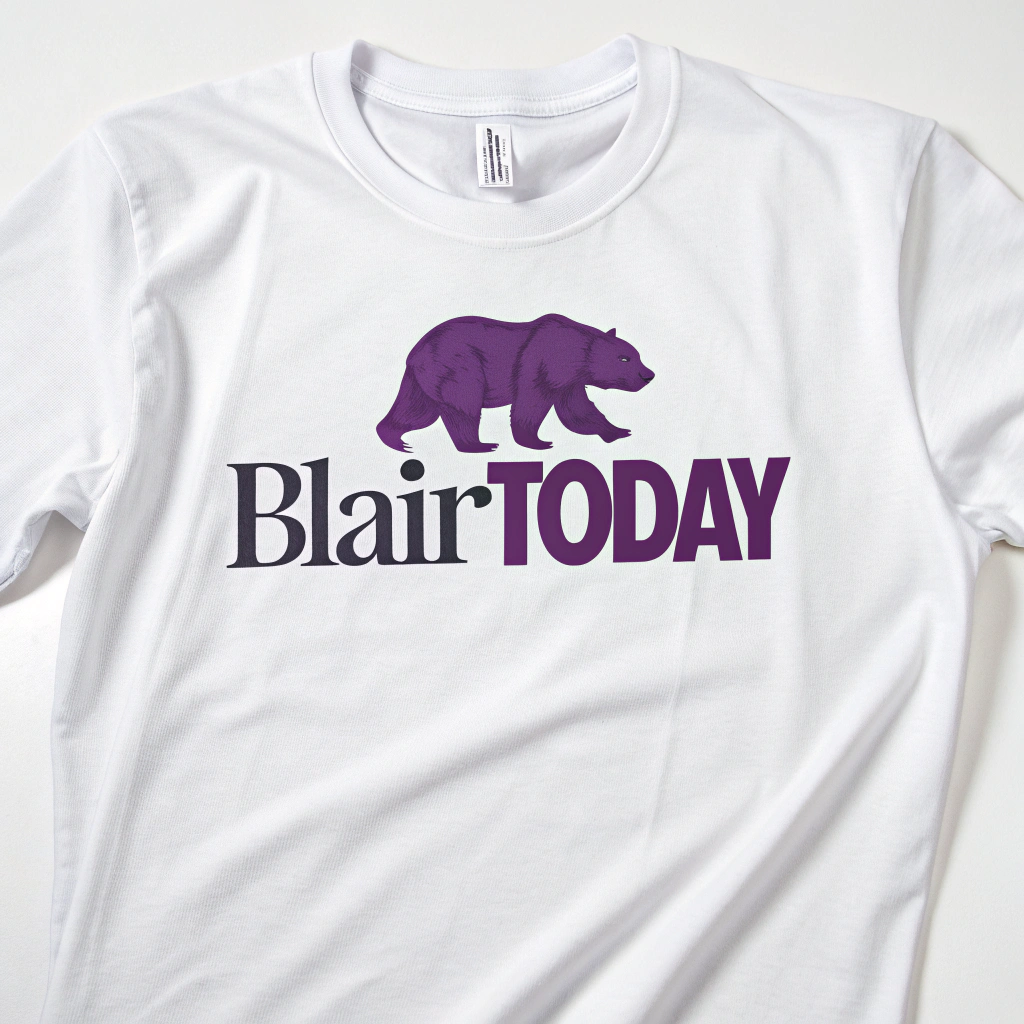 AI generated image by Red Panda AI: Logo for the online newspaper for Blair, Nebraska called "BlairToday".  The style should be modern and look like a newspaper logo.  The logo should be strong and bold.  a purple bear should be part of the logo. The logo should be on a white background.

