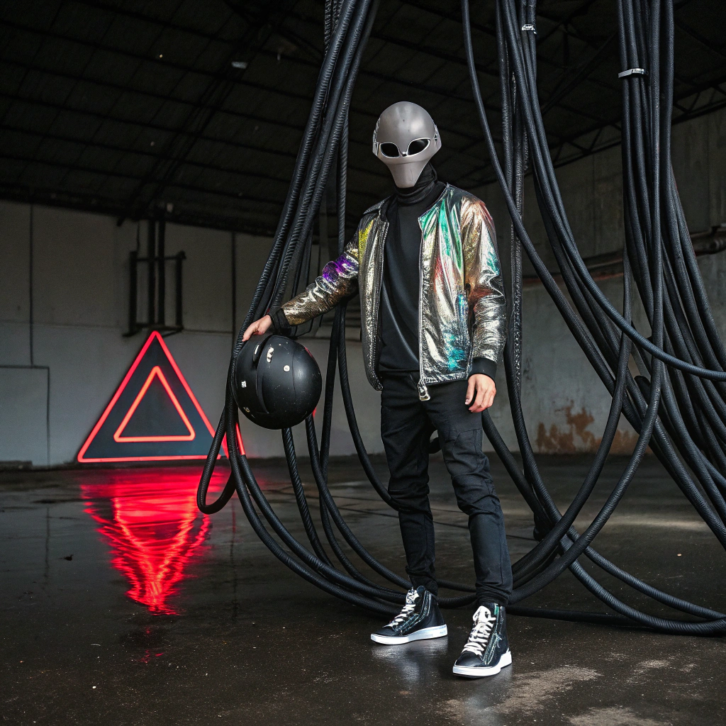 AI generated image by Red Panda AI:  A full body of a gray alien black eyes, trapped and surrounded by big black thick wires. He is wearing a hollographic leather jacket, a black t-shirt black trousers, black tennis. Holding one closed black helmet under his arm. Hanging high In a giant black place with a red LED triangle behind, wet floor with water.