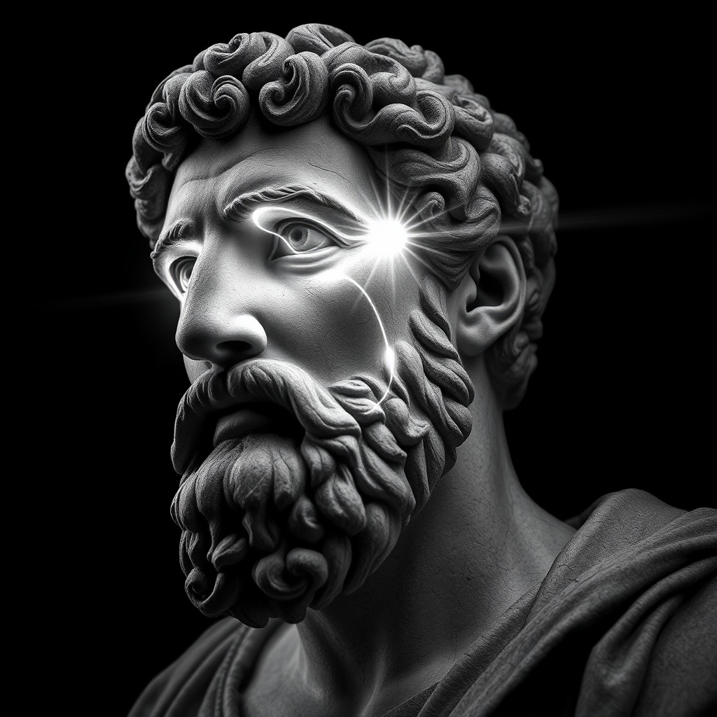 AI generated image by FLUX.1-schnell: The image portrays a striking depiction of a historical stone-carved bust of a man, reminiscent of classical representations such as Marcus Aurelius. The figure is rendered entirely in monochromatic black and white tones, emphasizing the texture of the chiseled stone with its fine cracks, weathered grooves, and intricate details. looking to the side

The man’s facial features exude an aura of dignity and contemplation: a pronounced chin, voluminous, curly hair, and a dense, meticulously carved beard. However, the most captivating feature is his eyes. Instead of lifeless stone, they emit a dazzling, otherworldly white light.

This light appears to flow like liquid, slowly spilling from the eyes and tracing delicate, almost organic paths down the statue’s face. These glowing streams seem to leave faint trails, as if the light itself is transforming or "animating" the stone. The radiant lines stand in sharp contrast to the deep shadows carved into the crevices and folds of the face, accentuating the sculpture’s dramatic contours.

The overall atmosphere of the image is mystical and timeless, as if the man—symbolizing wisdom and power—has emerged from eternity to convey a profound message. The stark black-and-white palette adds a sense of gravity and symbolism, while the flowing light from the eyes imbues the image with a surreal, almost divine quality.
