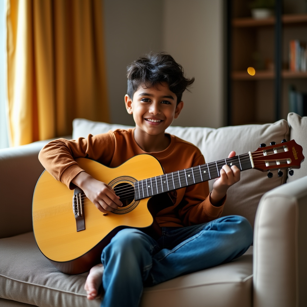 AI generated image by FLUX.1-pro: The scene is in an affluent Metropolitan city home drawing room in India with a happy young boy with Indian features playing and strumming his 6 String Acoustic Guitar using a plectrum sitting upright on a Sofa.