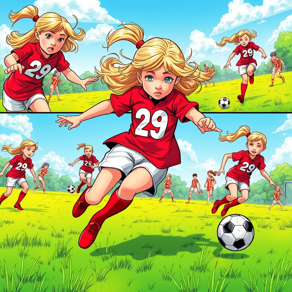AI generated image by FLUX.1-schnell: A vibrant multi-panel comic scene in Jim Lee's dynamic style, capturing an 8-year-old girl with fair skin and sandy blonde hair energetically playing soccer, tackling opponents in a vivid green field under bright blue skies, wearing a bold red shirt with a white "29," white shorts, and matching red socks, showcasing action and excitement.