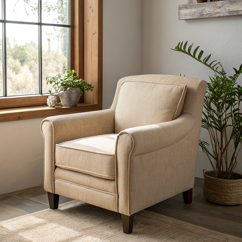 AI generated image by Red Panda AI: sillon color beige junto a la ventana 
