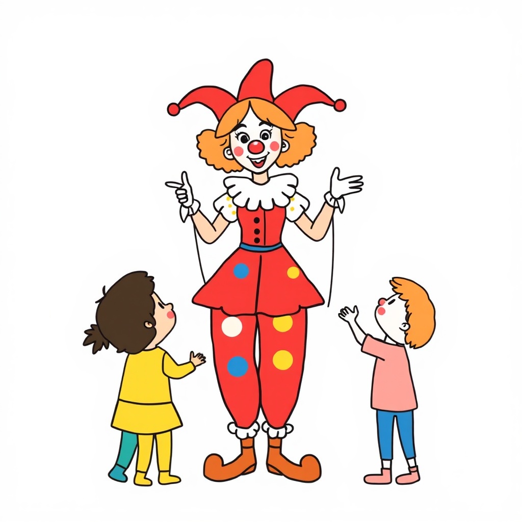 AI generated image by FLUX.1-schnell: A simple drawing of a female clown in basic colors entertaining young kids as a puppeteer. 