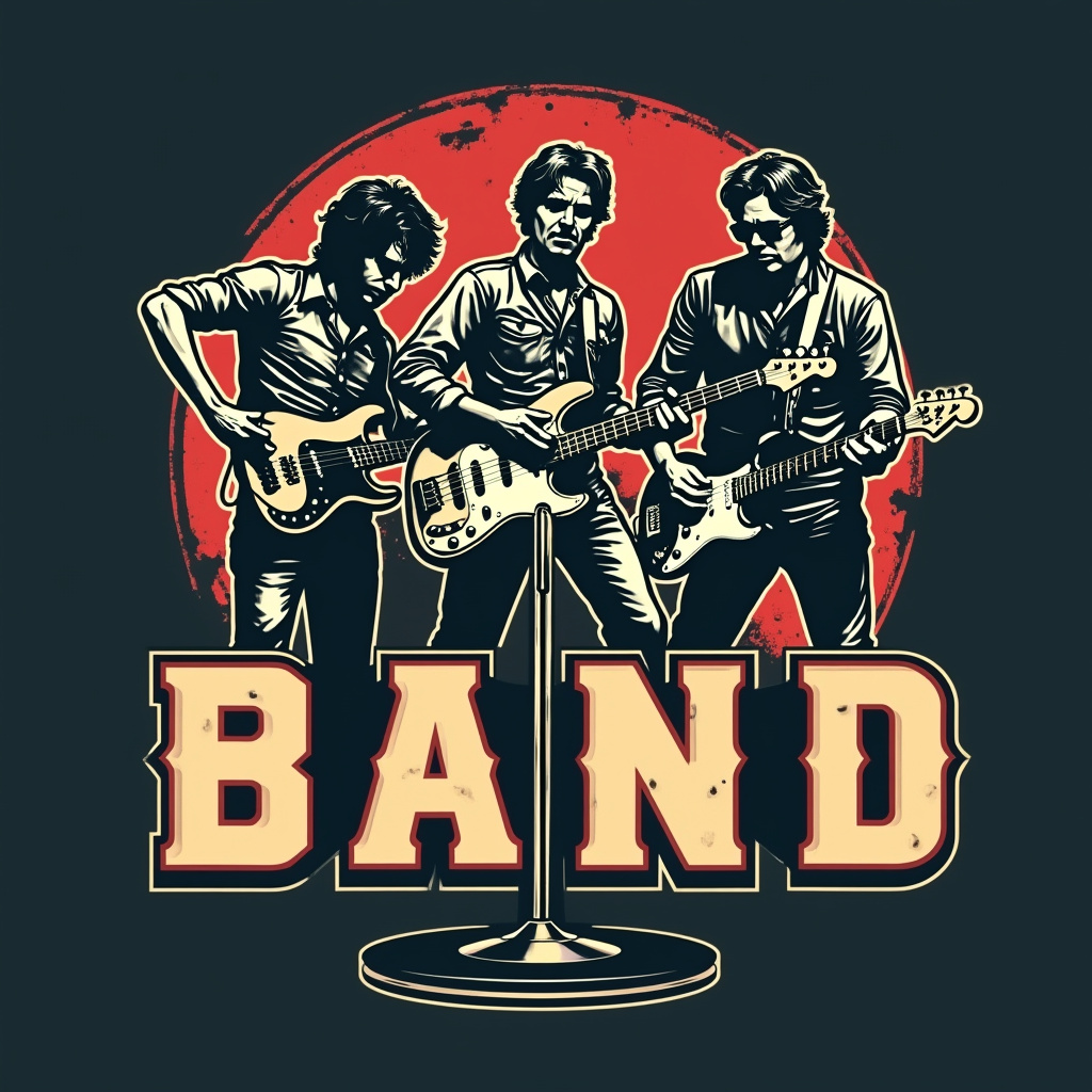 AI generated image by FLUX.1-pro: erstelle mir ein stilisiertes Retro Logo für eine Band mit 3 Farben und als Strichzeichnung mit Mikrofon, Bass-Gitarre, Gitarre und Schlagzeug
