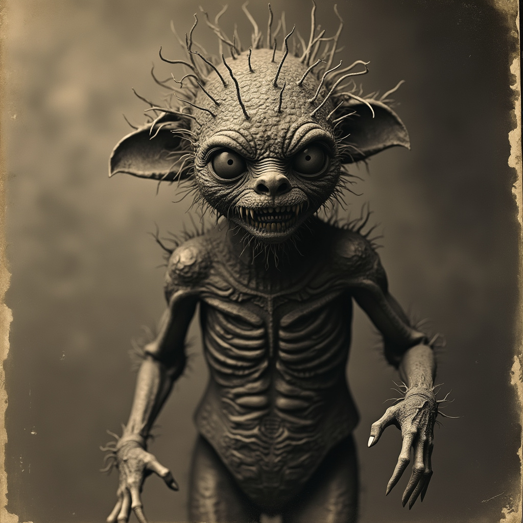 AI generated image by FLUX.1-pro: 1800s creepy photo, frightening, strange creature, terrify
