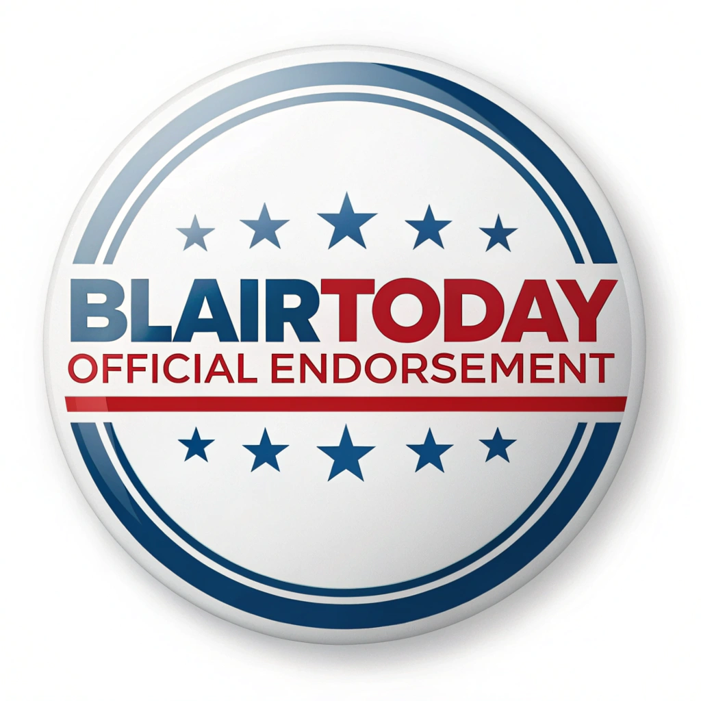 AI generated image by Red Panda AI: logo reads "BlairToday Official Endorsement" in a round, red white and blue logo, on a white background
