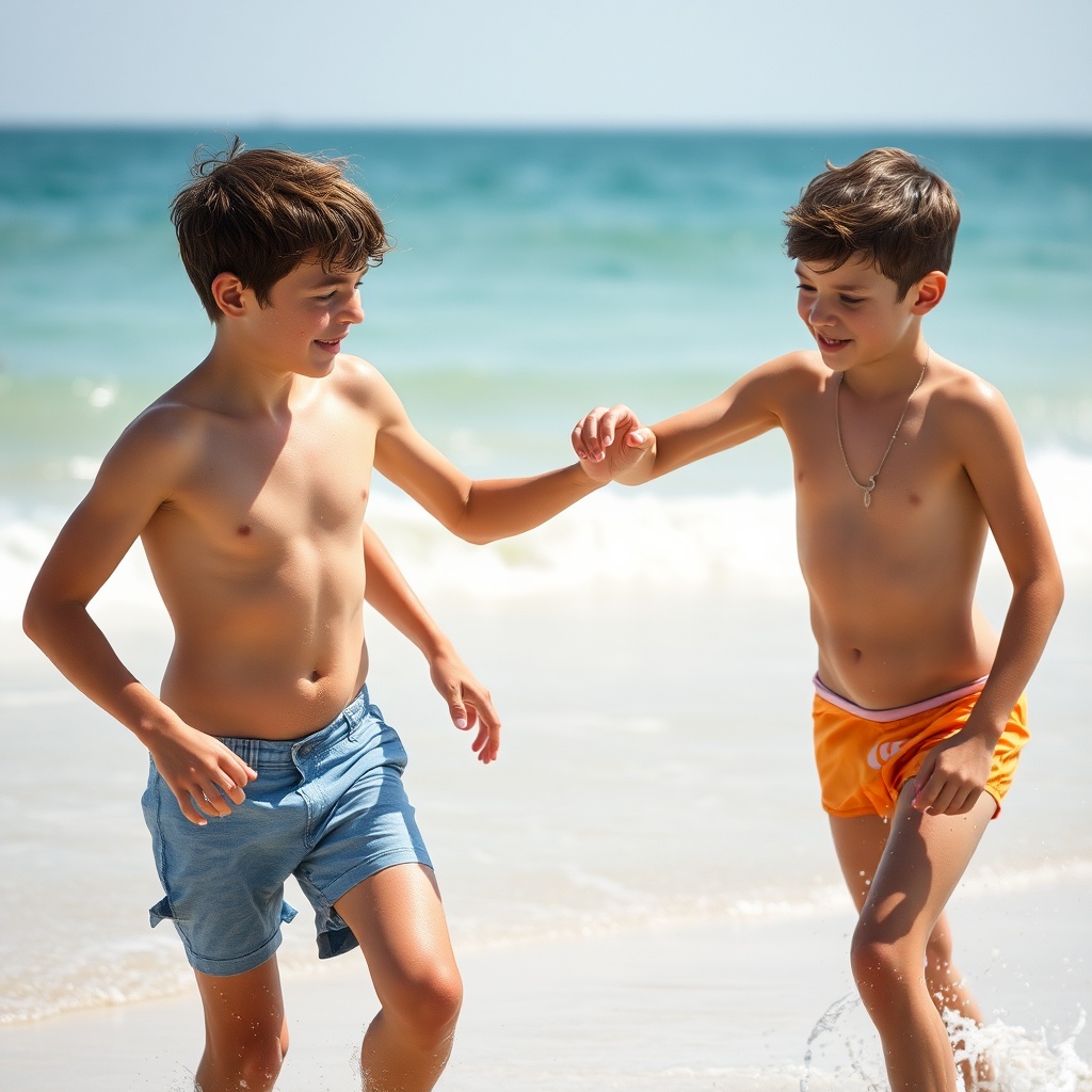 AI generated image by FLUX.1-schnell: 2 garçons de dix ans en maillot de bain jouant sur la plage