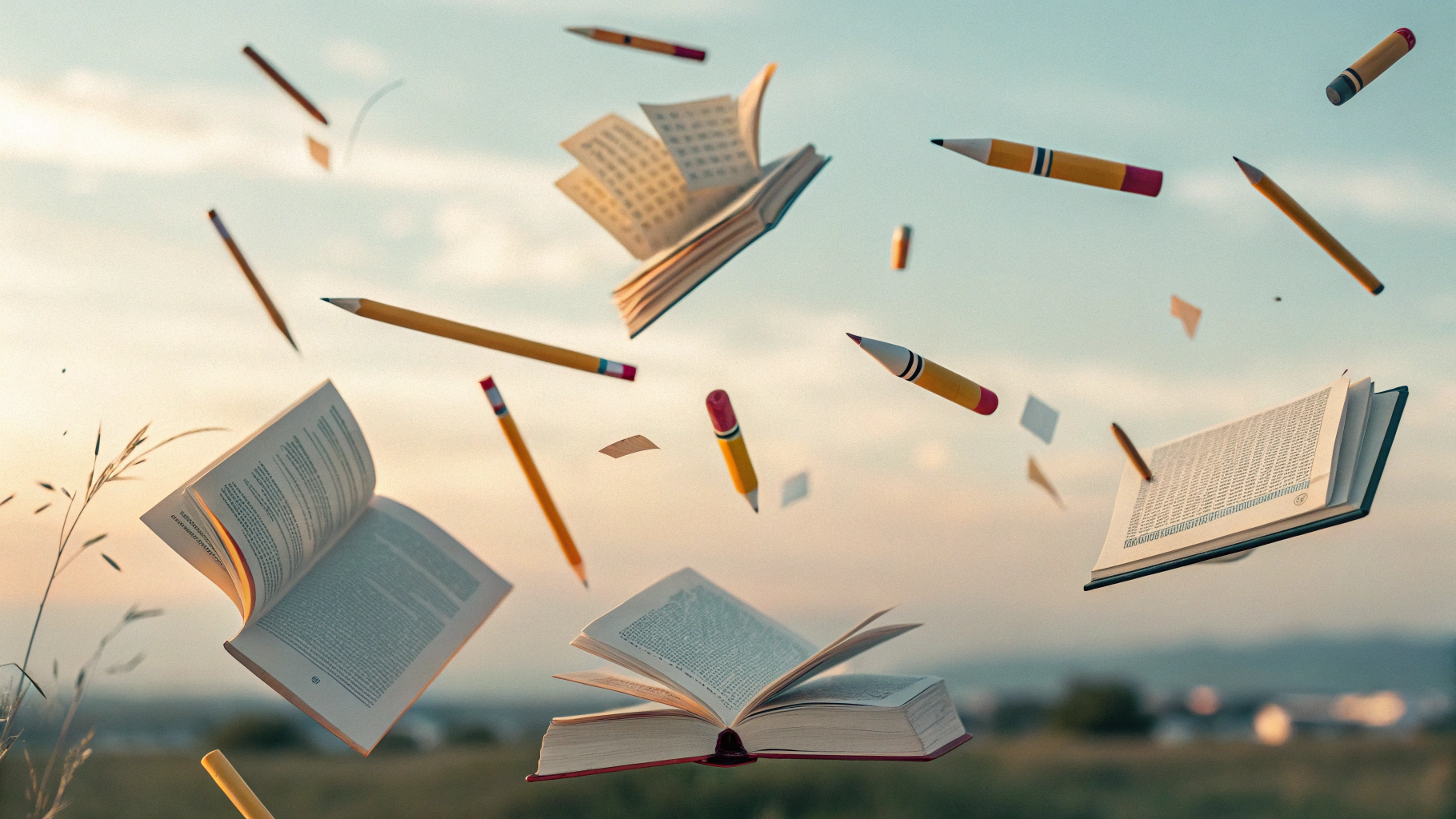AI generated image by Red Panda AI: lapiceros, documentos, libros, registros volando
