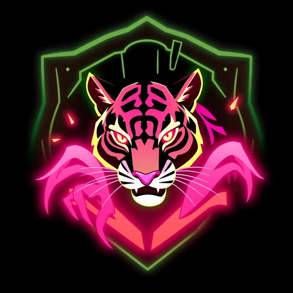 AI generated image by FLUX.1-schnell: logo para mi cyber juegos que contenga una pantera de color fluor rosada y dentro del logo que diga cybercharrua