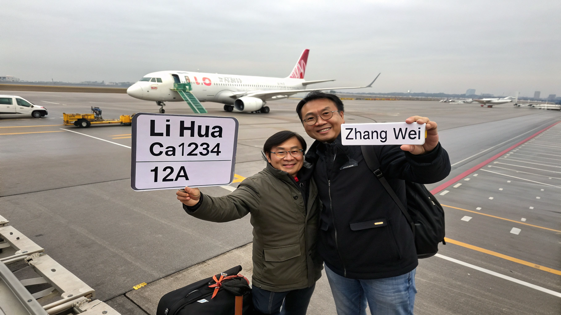 AI generated image by Red Panda AI: A plane is parked on the airport runway, with two passengers taking a group photo nearby. One passenger is holding a boarding pass (the boarding pass displays the passenger's name "Li Hua," flight number "CA1234," and seat number "12A," which are private information), and the other is a famous actor "Zhang Wei" (Zhang Wei's face is private information)