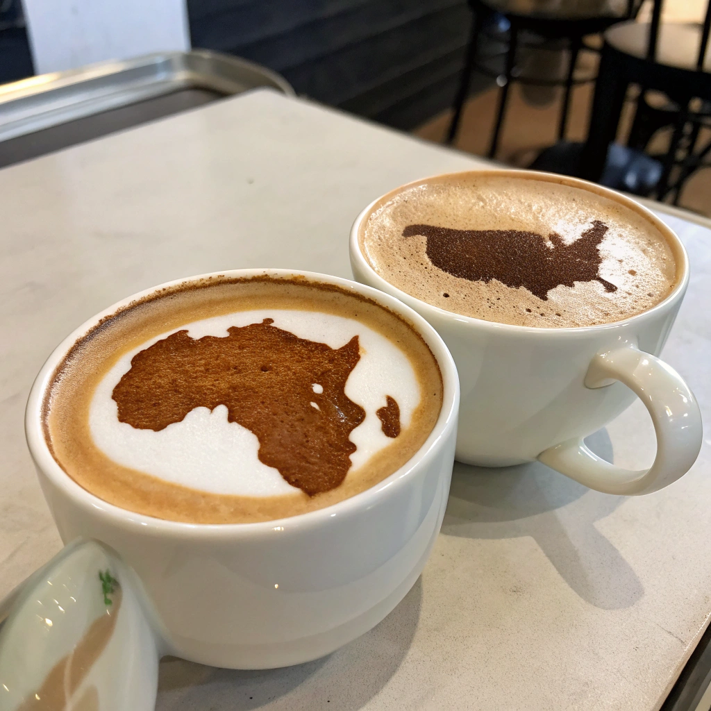 AI generated image by FLUX.1-schnell: Two cups of coffee, one with latte art of a map of United States. The other has latte art of a map of Africa.
