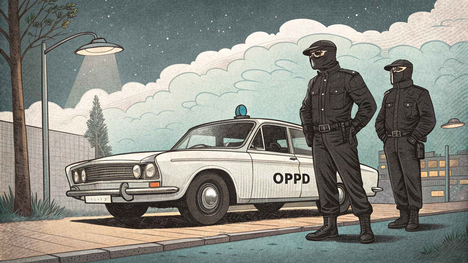 AI generated image by Red Panda AI: two mysterious men in black are utility workers, they stand next to a white sedan that has "OPPD" on the side, 1950s newspaper comic book style
