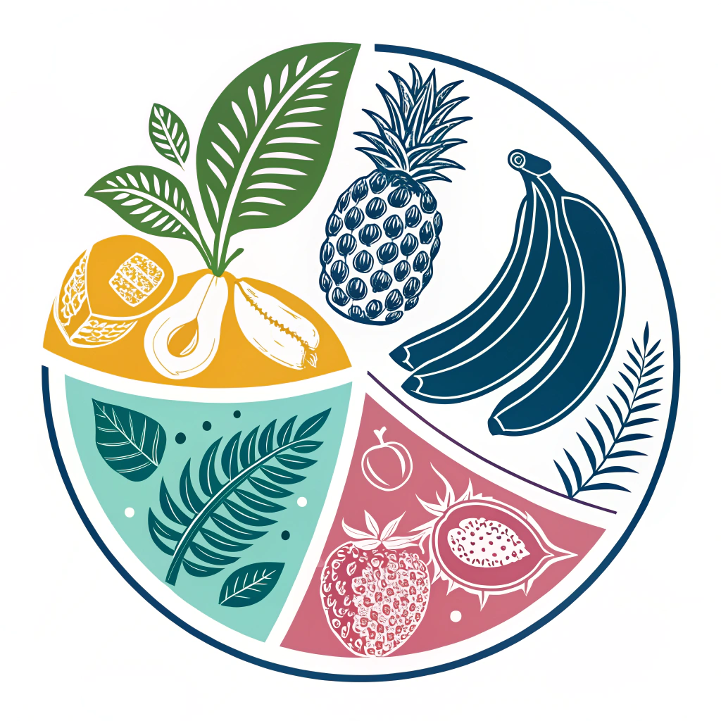 AI generated image by Red Panda AI: crear una imagen que se pueda utilizar como logo del Policultivo ALESPI. Donde hayan frutos como bananas, platanos, recao, yautias, puedes crearlos con el color verde, azul claro, azul oscuro y rosado