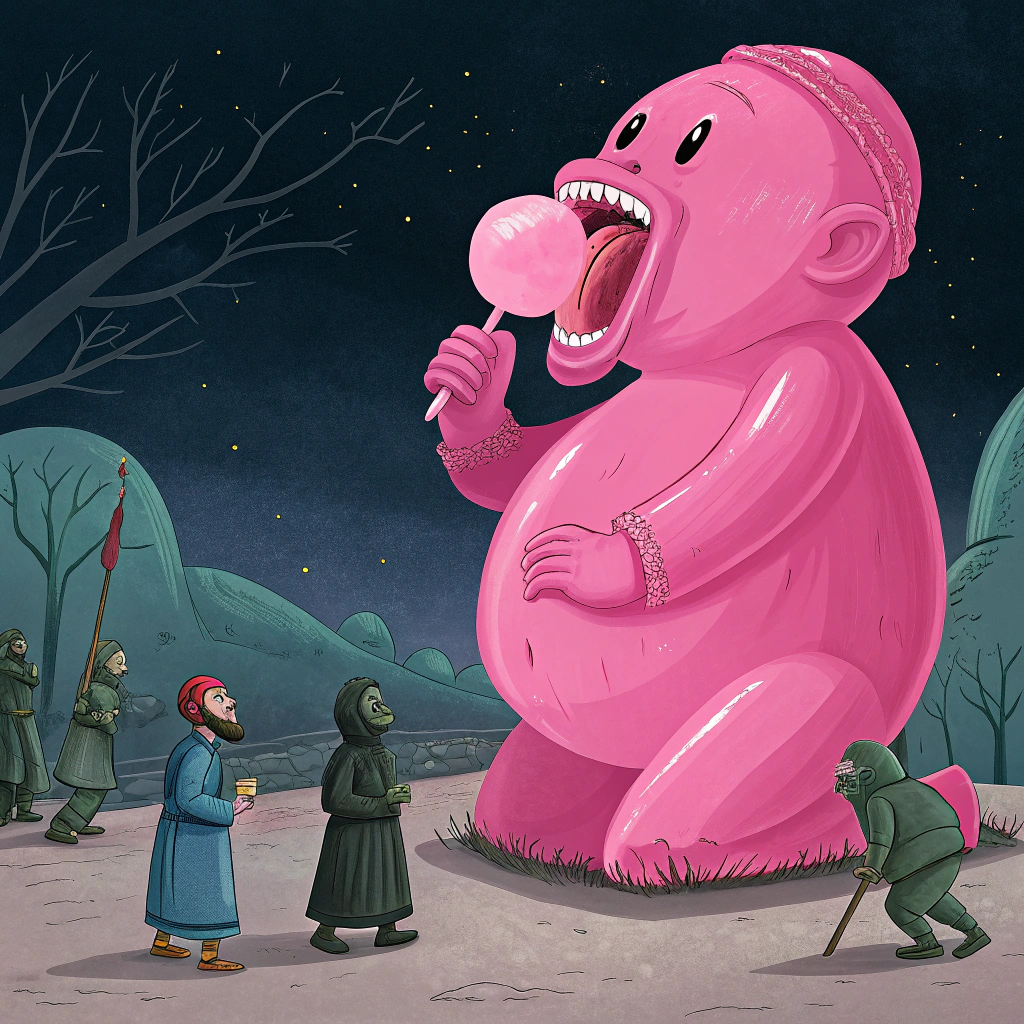 AI generated image by Red Panda AI: chicle grande rosa mutante comiendose a un grupo de moros