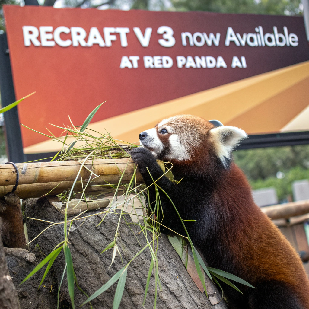 AI generated image by Red Panda AI: a red panda eating a bamboo in front of a poster that says "recraft V3 now available at red panda ai