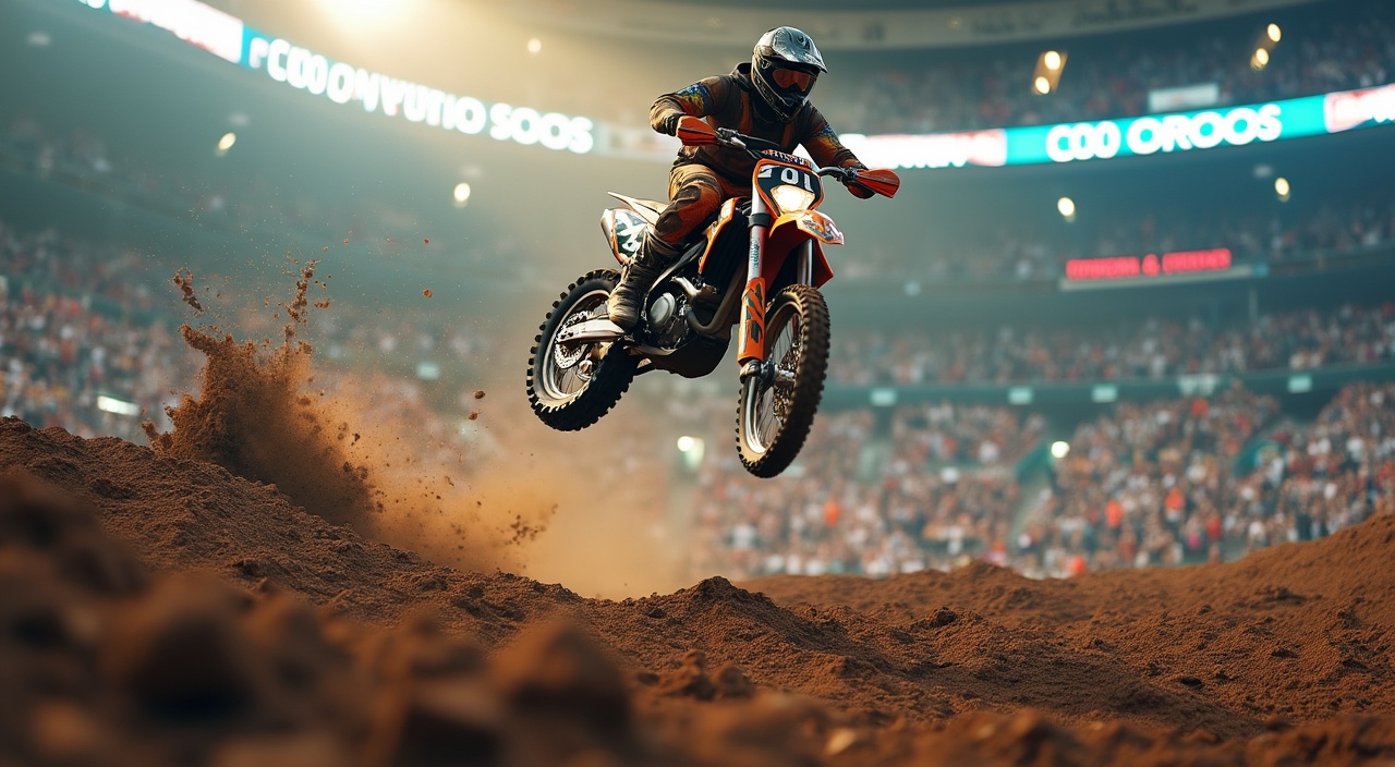 AI generated image by FLUX.1-pro: Image with Awesome Motorbike rider jumping over a massive jump with a big crowd in the background cheering inside a stadium. There is a big sign in the top left corner that says "This man really knows how to take a trip... Hahahaha. Get it. Trip" 

Realistic image. 4k. High quality. 