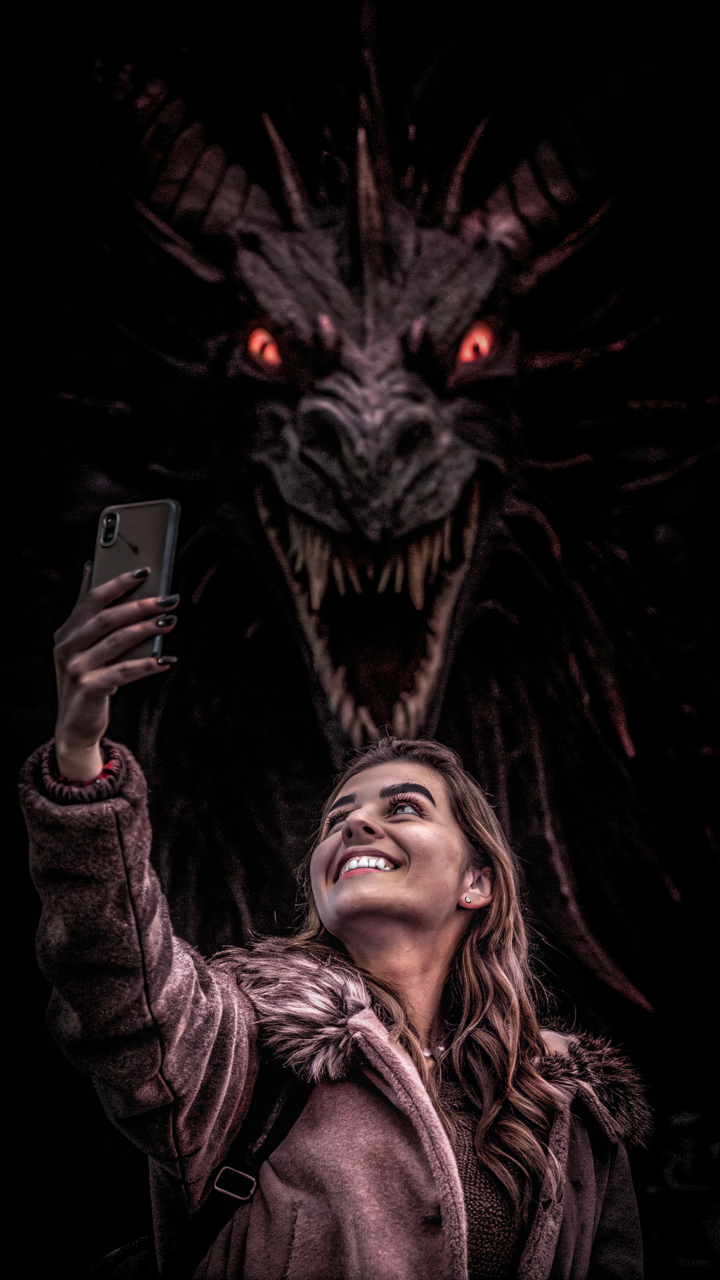 AI generated image by Red Panda AI: MUJER HERMOSA TOMANDOSE UNA SELFIE MIENTRAS UN DRAGON FURIOSO LA MIRA DESDE EL FONDO OBSCURO