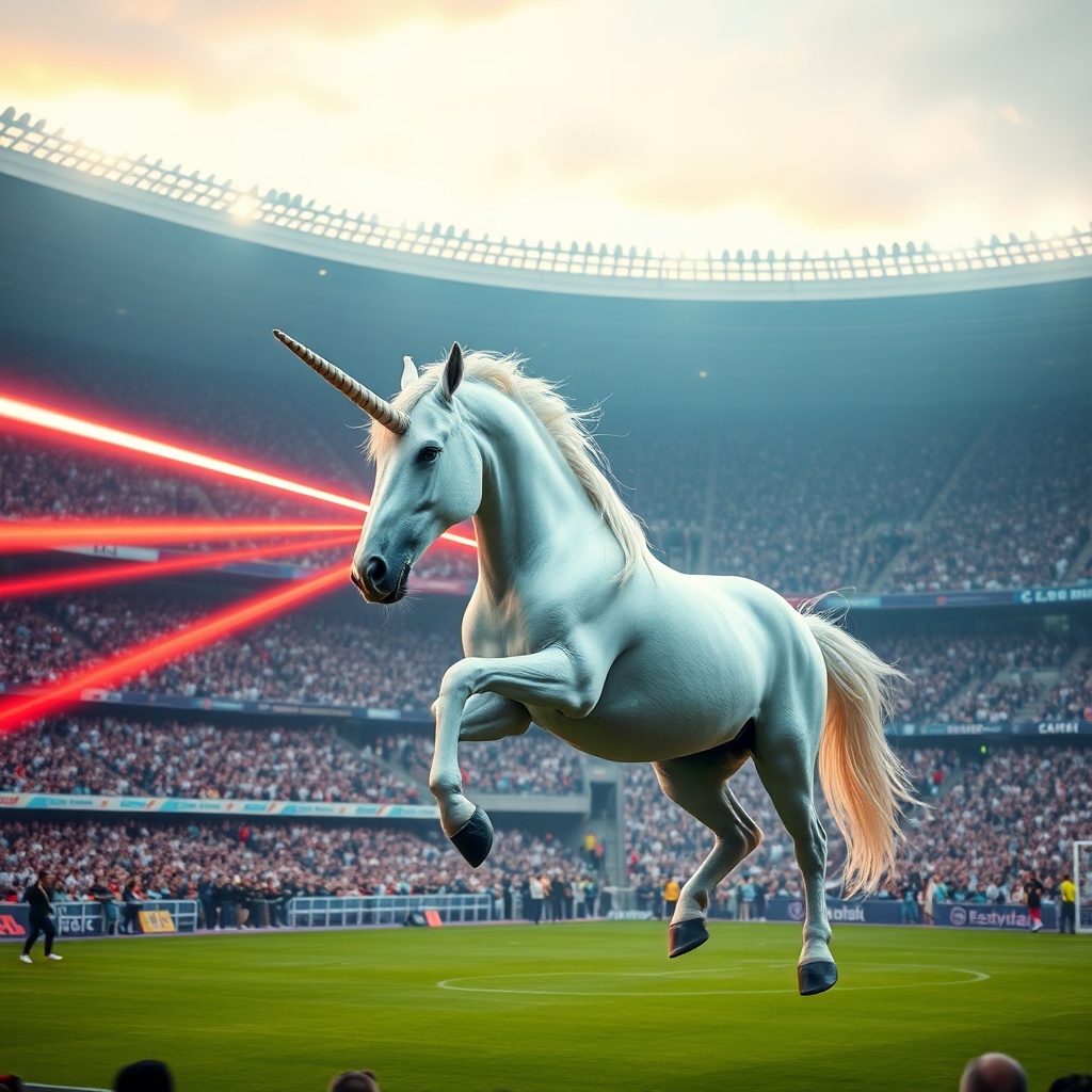 AI generated image by FLUX.1-schnell: Argentinean unicorn shooting lasers from horn in a football stadium with a large crowd 