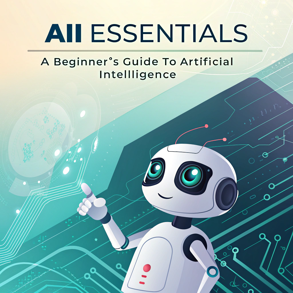 AI generated image by Red Panda AI: create a ebook cover , the ebook name is "AI Essentials: A Beginner’s Guide to Artificial Intelligence"