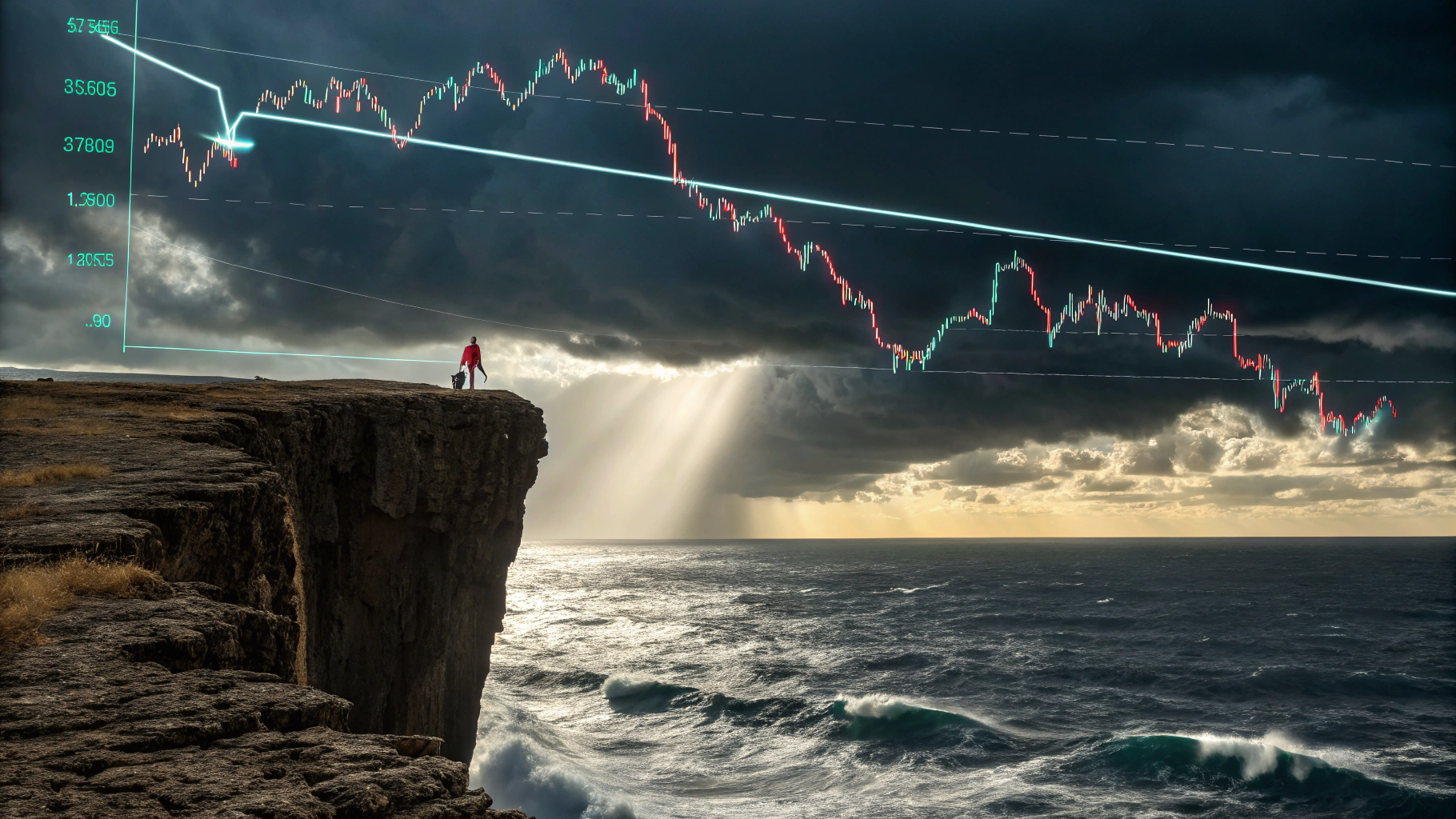 AI generated image by Red Panda AI: "A stock market chart balanced precariously on the edge of a cliff, with dark storm clouds above but rays of sunlight breaking through in the distance. The chart shows a sharp decline but is beginning to stabilize at the edge. Below the cliff is turbulent water with both dangerous waves and calmer areas. Realistic, dramatic lighting, financial theme, 4K detail."