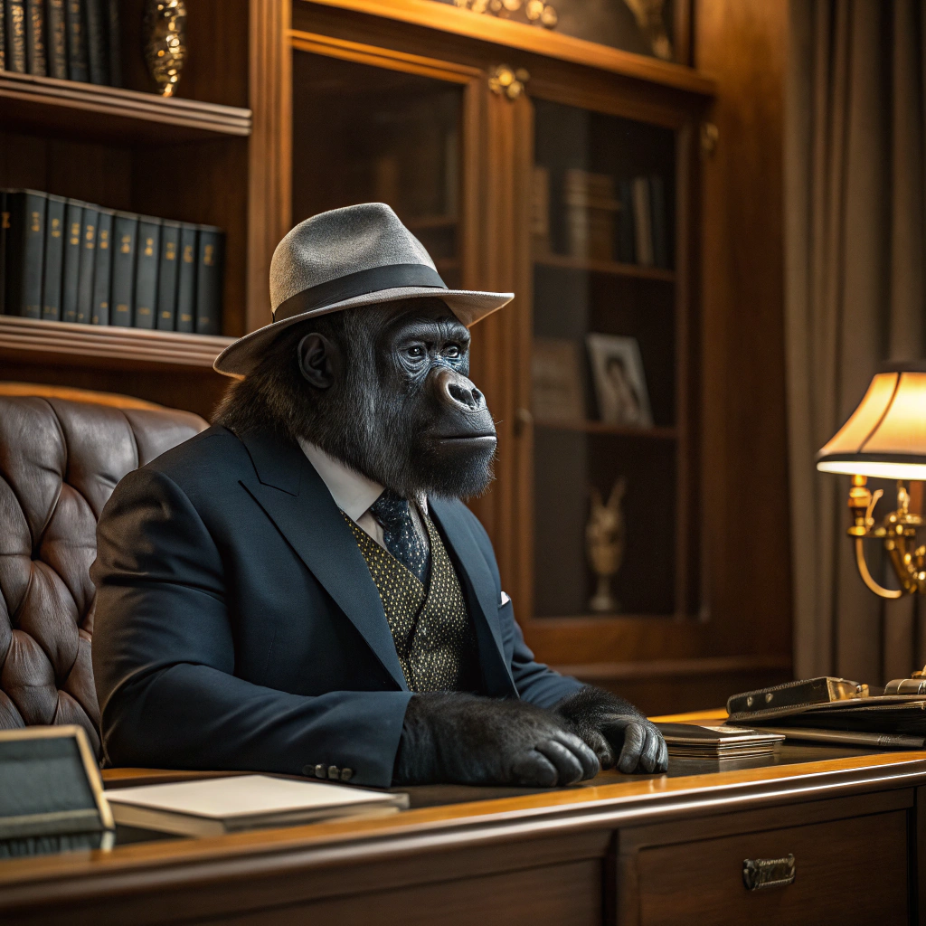 AI generated image by Red Panda AI: Crea una imagen de un gorila sentado detrás de un escritorio ejecutivo mirando al frente representando a un hombre de negocios y vestido con un traje azul oscuro, chaleco y corbata, usando un sombrero gris de ala ancha en una oficina de lujo con un librero de madera con libros y accesorios elegantes 